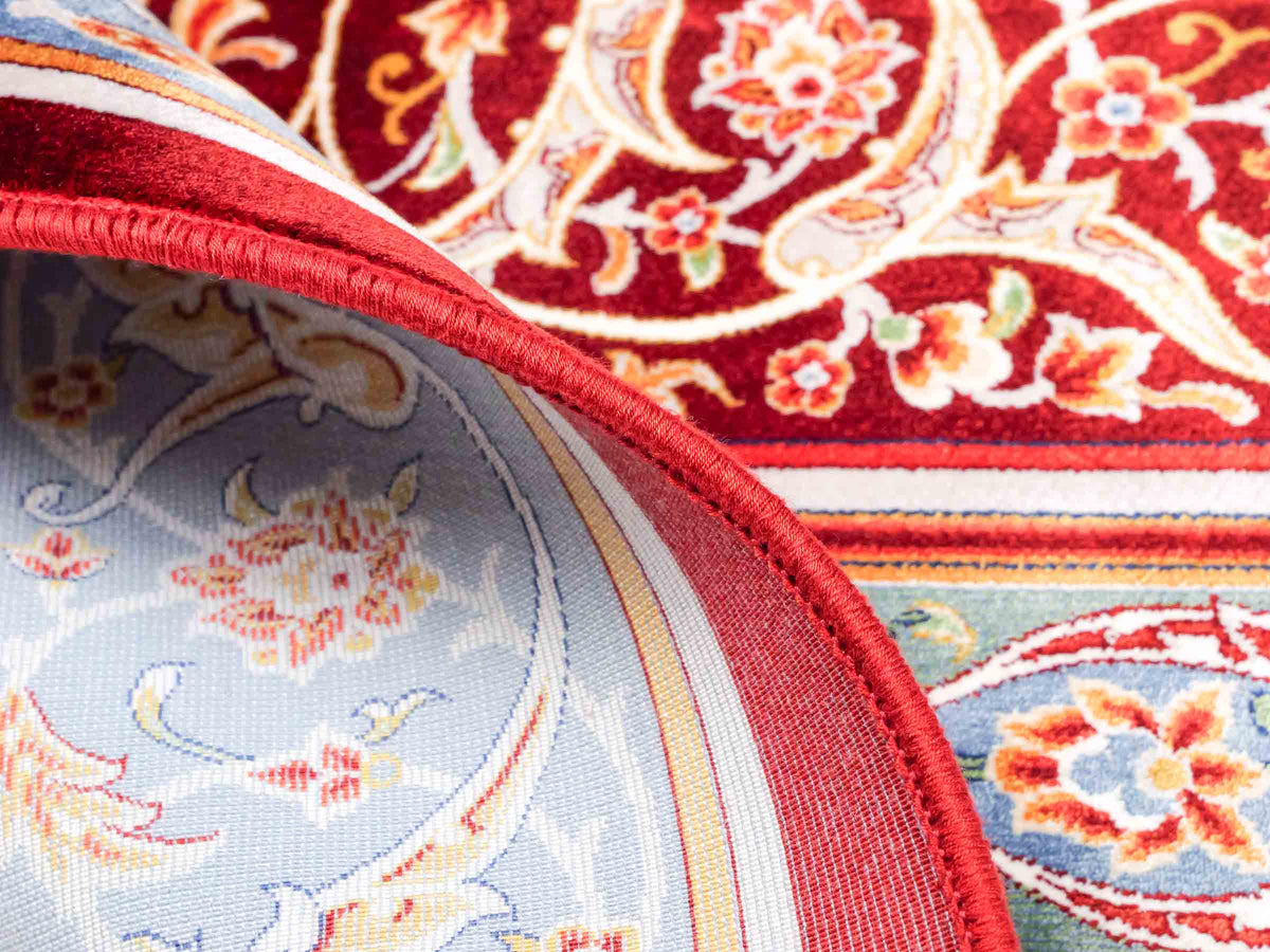 Ghom Gebetsteppich "Dua" 120 x 80 cm gewebt aus Bambusseide (Viskose), islamisches Design, Farbe: Rot-Blau. Teppichnummer: V98RD096M. Persian Luxury Collection by Khademi. Made in Iran / Persia – Vertrieb durch JUPITER Intl.