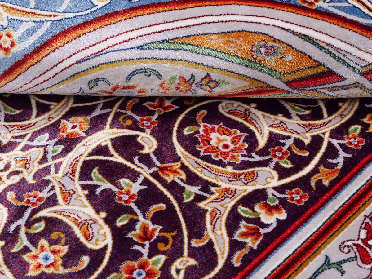 Ghom Gebetsteppich "Dua" 120 x 80 cm gewebt aus Bambusseide (Viskose), islamisches Design, Farbe: Violett-Blau. Teppichnummer: V98AE096M. Persian Luxury Collection by Khademi. Made in Iran / Persia – Vertrieb durch JUPITER Intl.