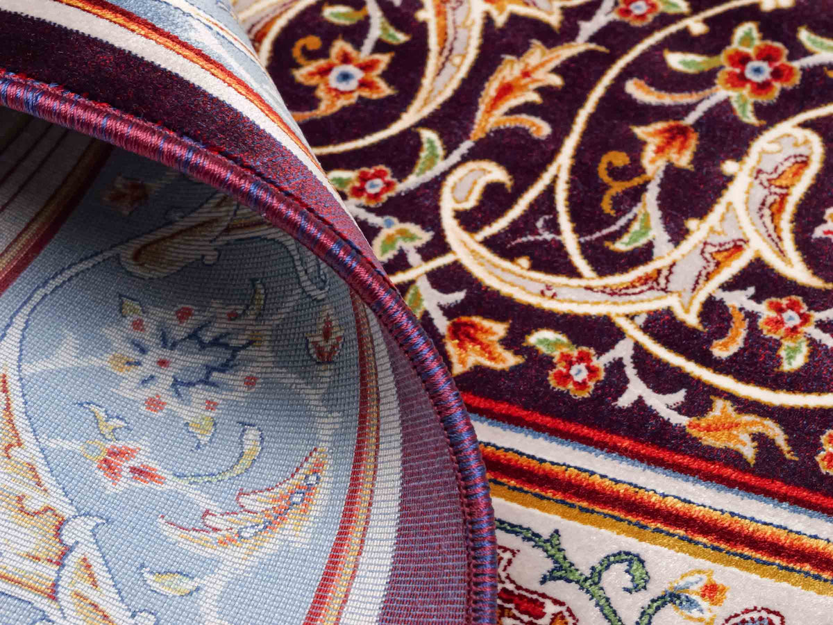 Ghom Gebetsteppich "Dua" 120 x 80 cm gewebt aus Bambusseide (Viskose), islamisches Design, Farbe: Violett-Blau. Teppichnummer: V98AE096M. Persian Luxury Collection by Khademi. Made in Iran / Persia – Vertrieb durch JUPITER Intl.