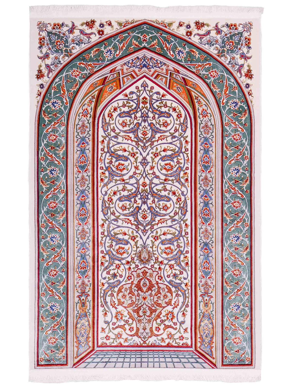 Ghom Gebetsteppich "Dua" 120 x 80 cm gewebt aus Bambusseide (Viskose), islamisches Design, Farbe: Cremeweiß-Grün. Teppichnummer: V98CR096M. Persian Luxury Collection by Khademi. Made in Iran / Persia – Vertrieb durch JUPITER Intl.