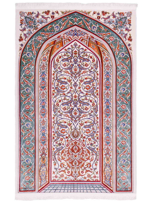 Ghom Gebetsteppich "Dua" 120 x 80 cm gewebt aus Bambusseide (Viskose), islamisches Design, Farbe: Cremeweiß-Grün. Teppichnummer: V98CR096M. Persian Luxury Collection by Khademi. Made in Iran / Persia – Vertrieb durch JUPITER Intl.