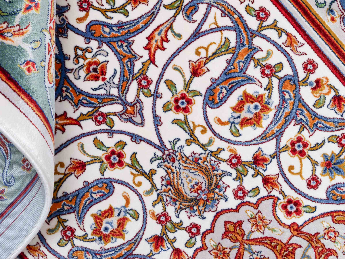 Ghom Gebetsteppich "Dua" 120 x 80 cm gewebt aus Bambusseide (Viskose), islamisches Design, Farbe: Cremeweiß-Grün. Teppichnummer: V98CR096M. Persian Luxury Collection by Khademi. Made in Iran / Persia – Vertrieb durch JUPITER Intl.
