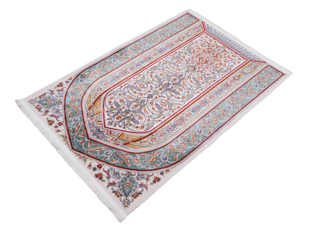 Ghom Gebetsteppich "Dua" 120 x 80 cm gewebt aus Bambusseide (Viskose), islamisches Design, Farbe: Cremeweiß-Grün. Teppichnummer: V98CR096M. Persian Luxury Collection by Khademi. Made in Iran / Persia – Vertrieb durch JUPITER Intl.