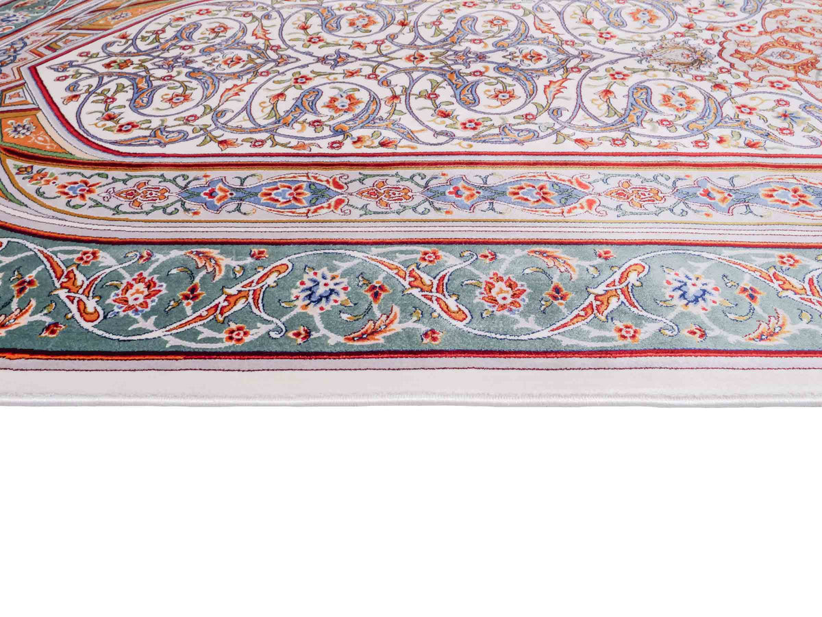 Ghom Gebetsteppich "Dua" 120 x 80 cm gewebt aus Bambusseide (Viskose), islamisches Design, Farbe: Cremeweiß-Grün. Teppichnummer: V98CR096M. Persian Luxury Collection by Khademi. Made in Iran / Persia – Vertrieb durch JUPITER Intl.
