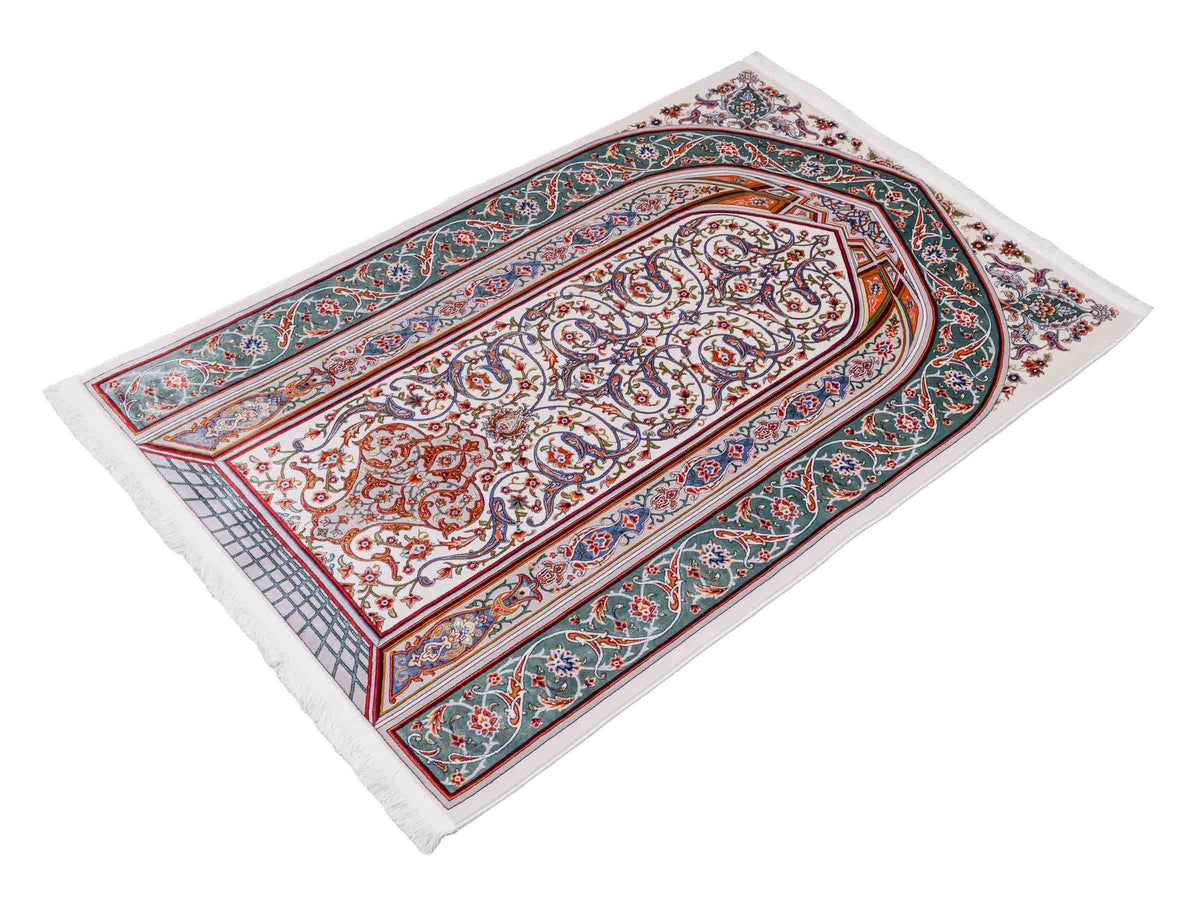 Ghom Gebetsteppich "Dua" 120 x 80 cm gewebt aus Bambusseide (Viskose), islamisches Design, Farbe: Cremeweiß-Grün. Teppichnummer: V98CR096M. Persian Luxury Collection by Khademi. Made in Iran / Persia – Vertrieb durch JUPITER Intl.