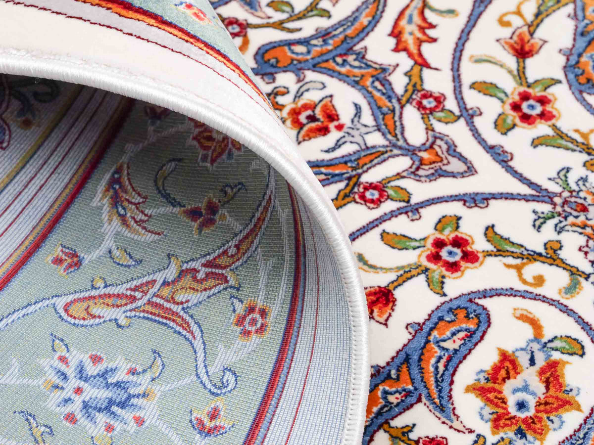 Ghom Gebetsteppich "Dua" 120 x 80 cm gewebt aus Bambusseide (Viskose), islamisches Design, Farbe: Cremeweiß-Grün. Teppichnummer: V98CR096M. Persian Luxury Collection by Khademi. Made in Iran / Persia – Vertrieb durch JUPITER Intl.