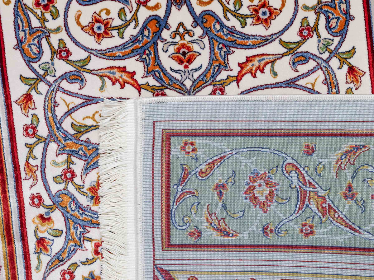 Ghom Gebetsteppich "Dua" 120 x 80 cm gewebt aus Bambusseide (Viskose), islamisches Design, Farbe: Cremeweiß-Grün. Teppichnummer: V98CR096M. Persian Luxury Collection by Khademi. Made in Iran / Persia – Vertrieb durch JUPITER Intl.