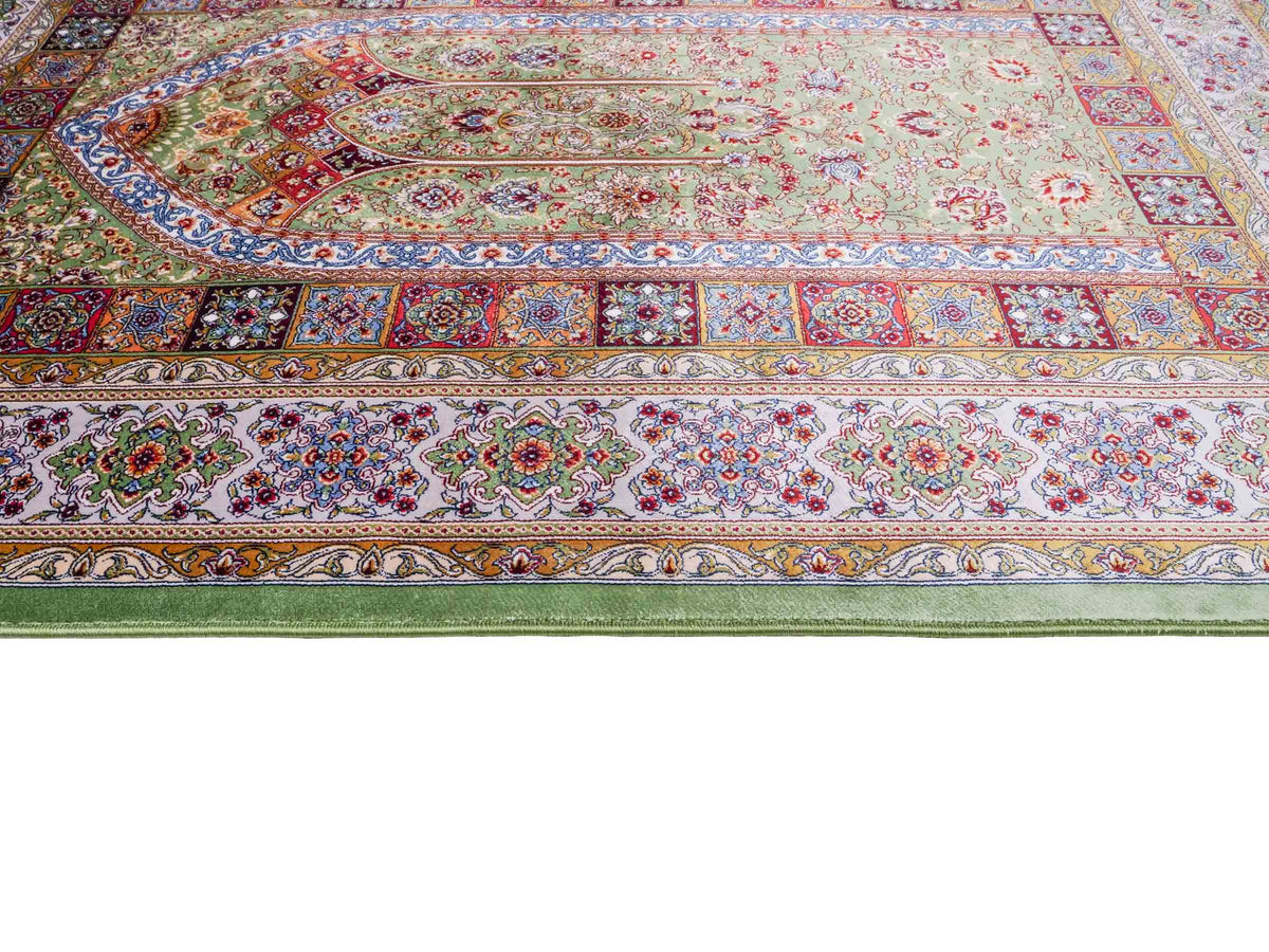 Ghom Gebetsteppich "Mehrabi" 120 x 80 cm gewebt aus Bambusseide (Viskose), islamisches Design, Farbe: Grün-Mehrfarbig. Teppichnummer: V100GR096M. Persian Luxury Collection by Khademi. Made in Iran / Persia – Vertrieb durch JUPITER Intl.
