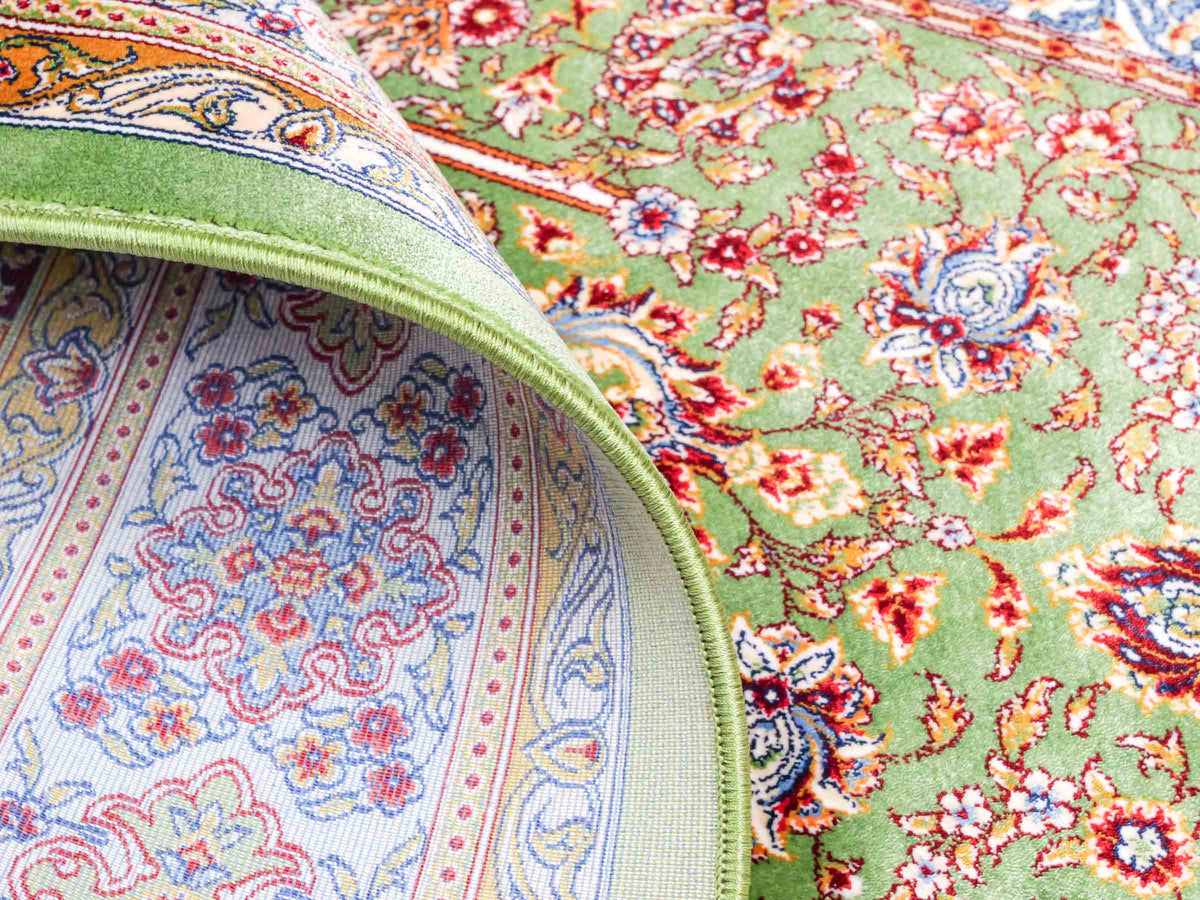 Ghom Gebetsteppich "Mehrabi" 120 x 80 cm gewebt aus Bambusseide (Viskose), islamisches Design, Farbe: Grün-Mehrfarbig. Teppichnummer: V100GR096M. Persian Luxury Collection by Khademi. Made in Iran / Persia – Vertrieb durch JUPITER Intl.
