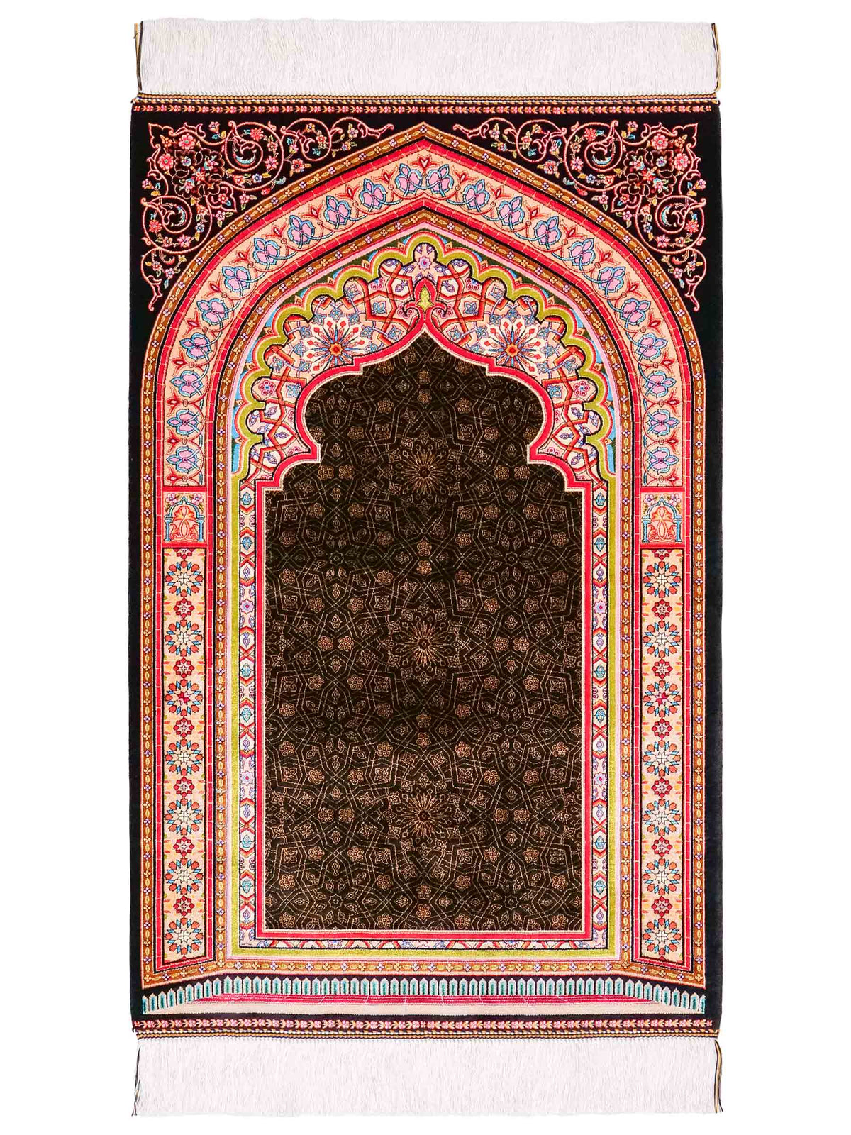 Ghom Gebetsteppich "Momen" 110 x 70 cm gewebt aus Bambusseide (Viskose), islamisches Design, Farbe: Schwarz-Mehrfarbig. Teppichnummer: V101BK077H. Persian Luxury Collection by Khademi. Made in Iran / Persia – Vertrieb durch JUPITER Intl.