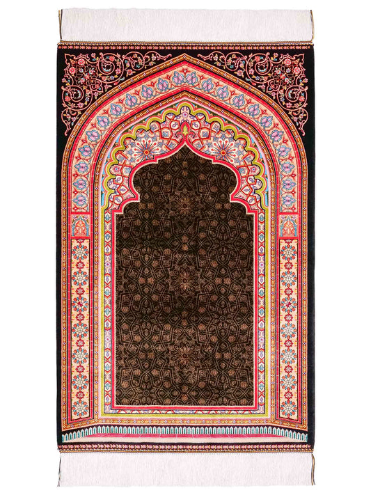 Ghom Gebetsteppich "Momen" 110 x 70 cm gewebt aus Bambusseide (Viskose), islamisches Design, Farbe: Schwarz-Mehrfarbig. Teppichnummer: V101BK077H. Persian Luxury Collection by Khademi. Made in Iran / Persia – Vertrieb durch JUPITER Intl.