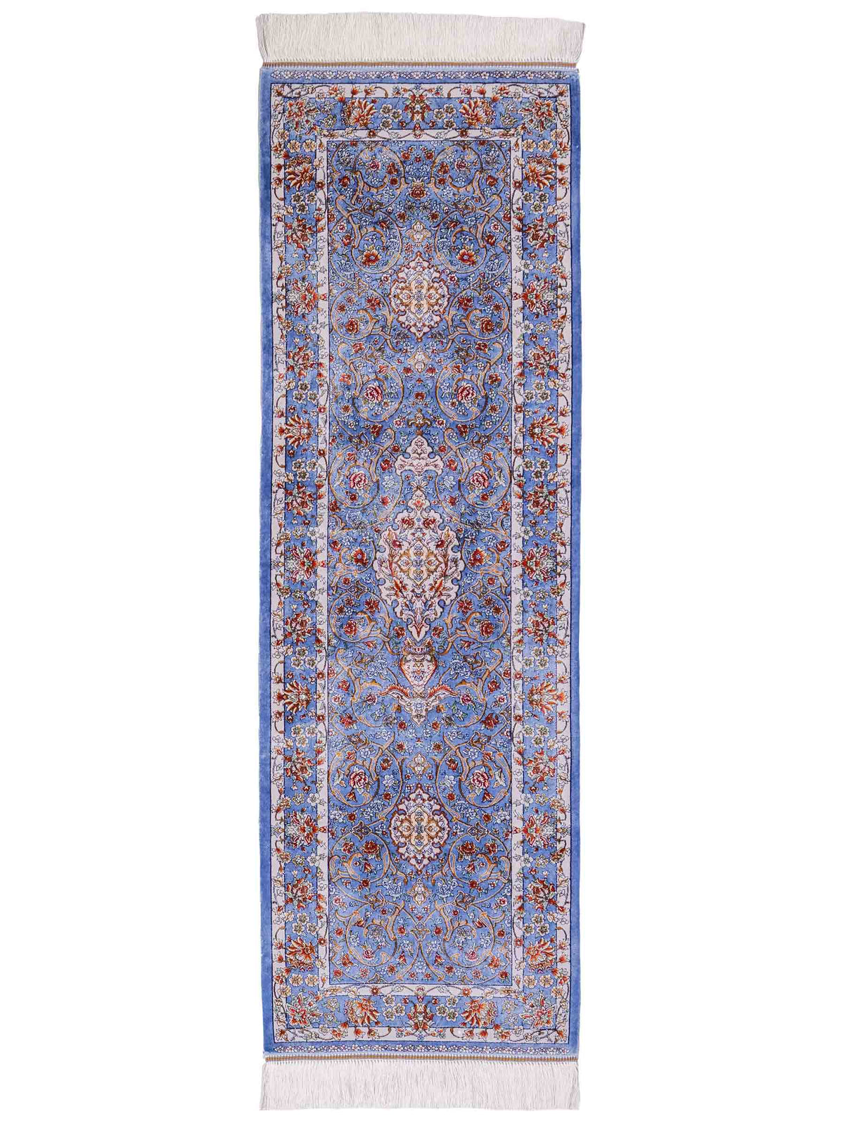 Ghom Läufer-Maschinenteppich "Arjan" 150 x 50 cm aus pflanzlicher Seide (Viskose) mit Medaillon, Hellblau. Teppichnummer: V10BL075H. Persian Luxury Collection by Khademi. Made in Iran / Persia – Vertrieb durch JUPITER Intl.