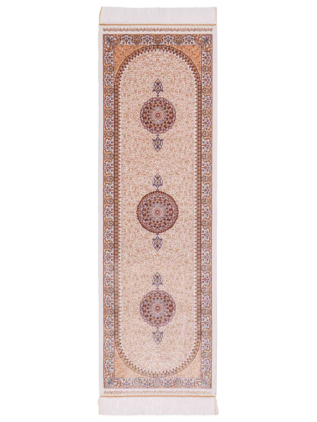 Ghom Läufer-Maschinenteppich "Fereydun" 150 x 50 cm aus pflanzlicher Seide (Viskose) mit Medaillon, Cremeweiß-Gold. Teppichnummer: V28CR075H. Persian Luxury Collection by Khademi. Made in Iran / Persia – Vertrieb durch JUPITER Intl.