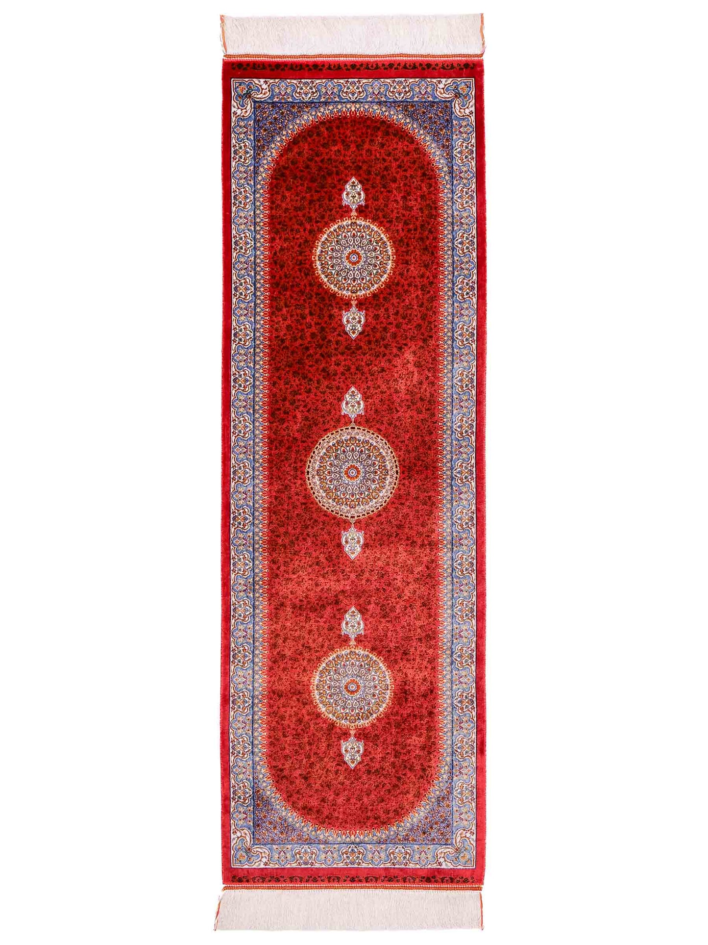 Ghom Läufer-Maschinenteppich "Fereydun" 150 x 50 cm aus pflanzlicher Seide (Viskose) mit Medaillon, Orange. Teppichnummer: V28BU075H. Persian Luxury Collection by Khademi. Made in Iran / Persia – Vertrieb durch JUPITER Intl.