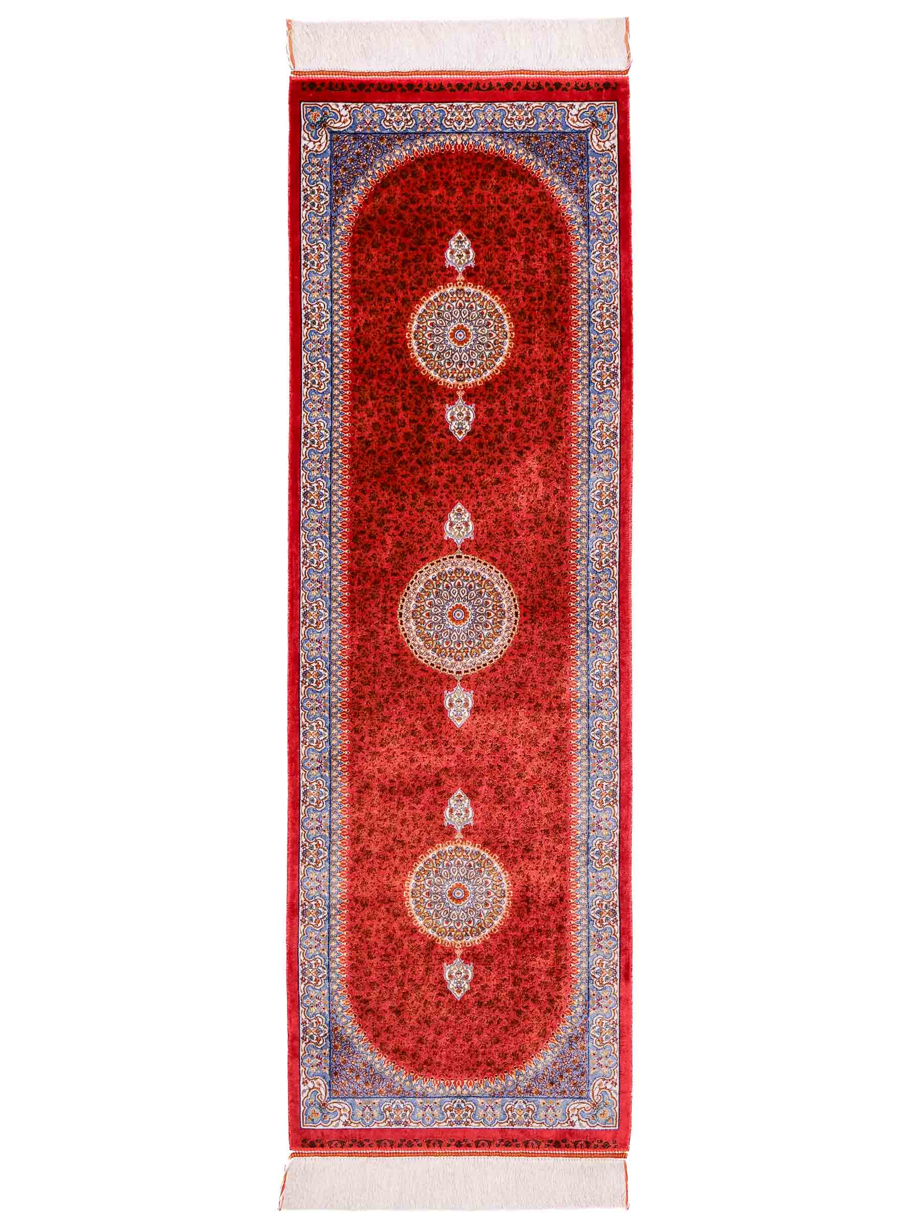 Ghom Läufer-Maschinenteppich "Fereydun" 150 x 50 cm aus pflanzlicher Seide (Viskose) mit Medaillon, Orange. Teppichnummer: V28BU075H. Persian Luxury Collection by Khademi. Made in Iran / Persia – Vertrieb durch JUPITER Intl.