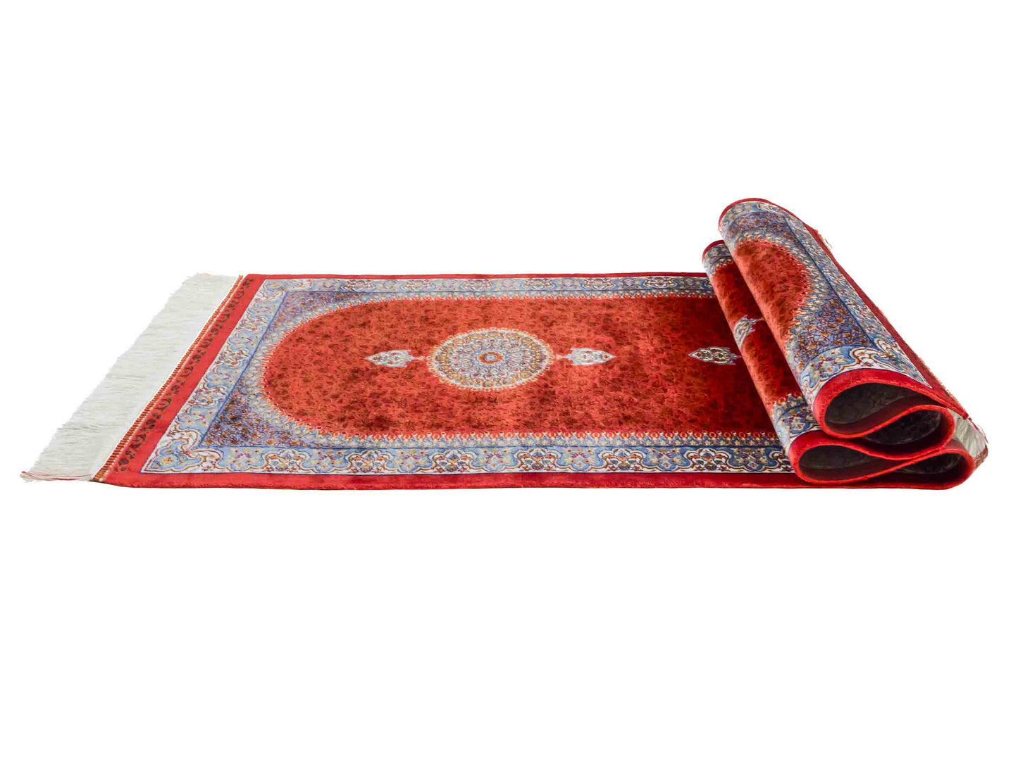 Ghom Läufer-Maschinenteppich "Fereydun" 150 x 50 cm aus pflanzlicher Seide (Viskose) mit Medaillon, Orange. Teppichnummer: V28BU075H. Persian Luxury Collection by Khademi. Made in Iran / Persia – Vertrieb durch JUPITER Intl.