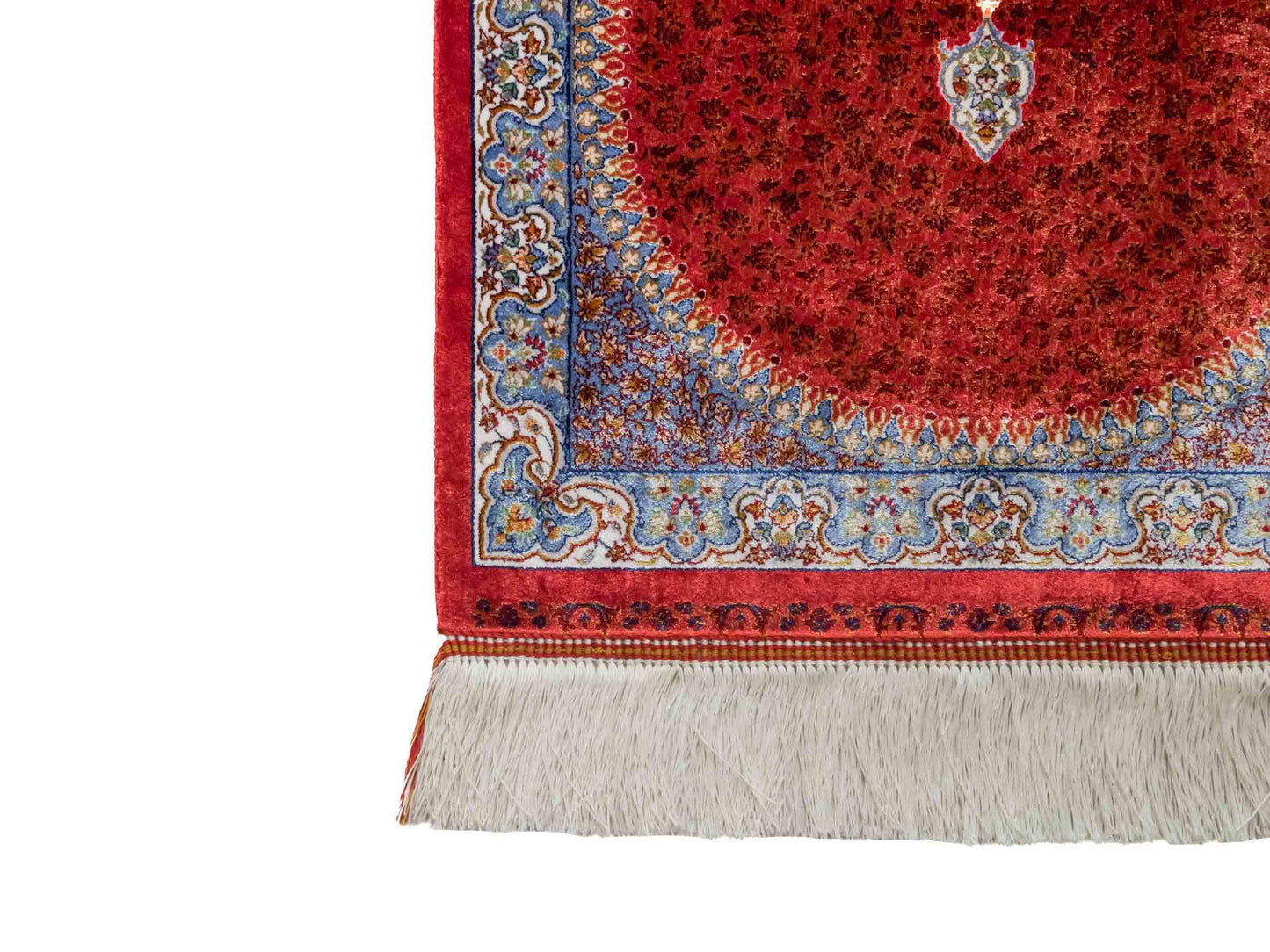 Ghom Läufer-Maschinenteppich "Fereydun" 150 x 50 cm aus pflanzlicher Seide (Viskose) mit Medaillon, Orange. Teppichnummer: V28BU075H. Persian Luxury Collection by Khademi. Made in Iran / Persia – Vertrieb durch JUPITER Intl.