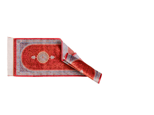 Ghom Läufer-Maschinenteppich "Fereydun" 150 x 50 cm aus pflanzlicher Seide (Viskose) mit Medaillon, Orange. Teppichnummer: V28BU075H. Persian Luxury Collection by Khademi. Made in Iran / Persia – Vertrieb durch JUPITER Intl.