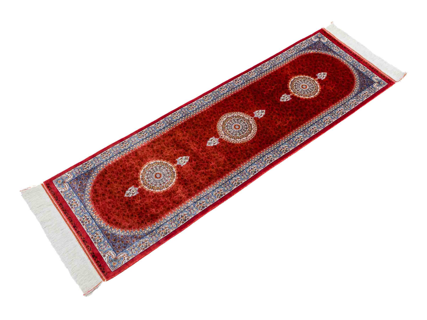 Ghom Läufer-Maschinenteppich "Fereydun" 150 x 50 cm aus pflanzlicher Seide (Viskose) mit Medaillon, Orange. Teppichnummer: V28BU075H. Persian Luxury Collection by Khademi. Made in Iran / Persia – Vertrieb durch JUPITER Intl.