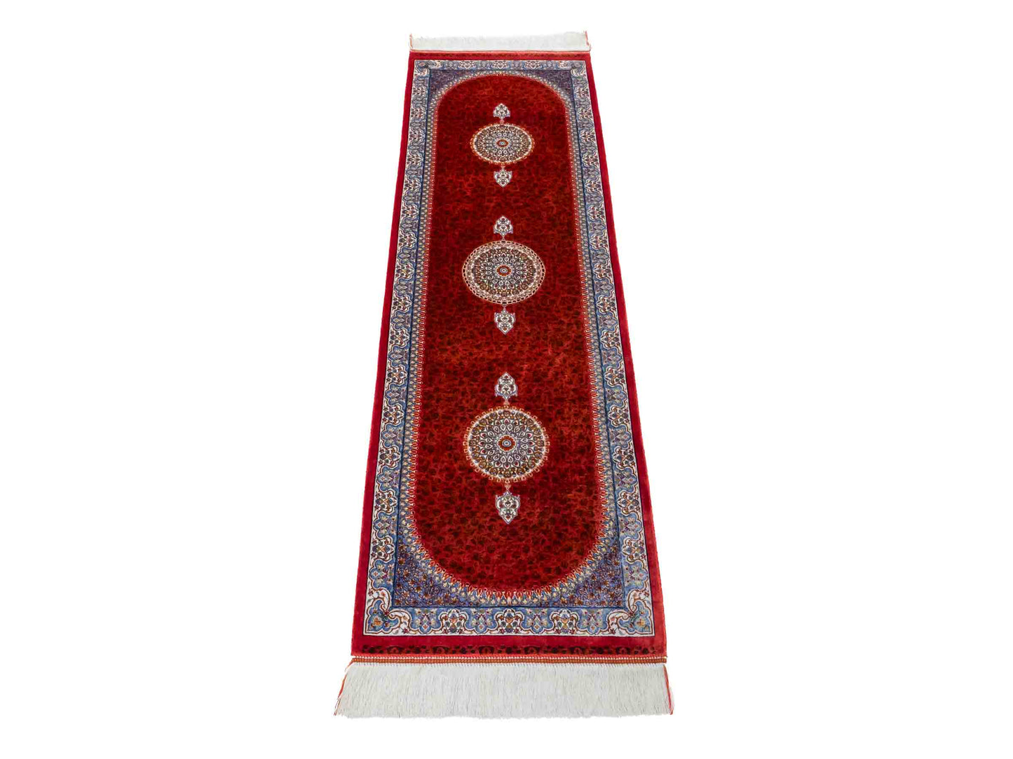 Ghom Läufer-Maschinenteppich "Fereydun" 150 x 50 cm aus pflanzlicher Seide (Viskose) mit Medaillon, Orange. Teppichnummer: V28BU075H. Persian Luxury Collection by Khademi. Made in Iran / Persia – Vertrieb durch JUPITER Intl.