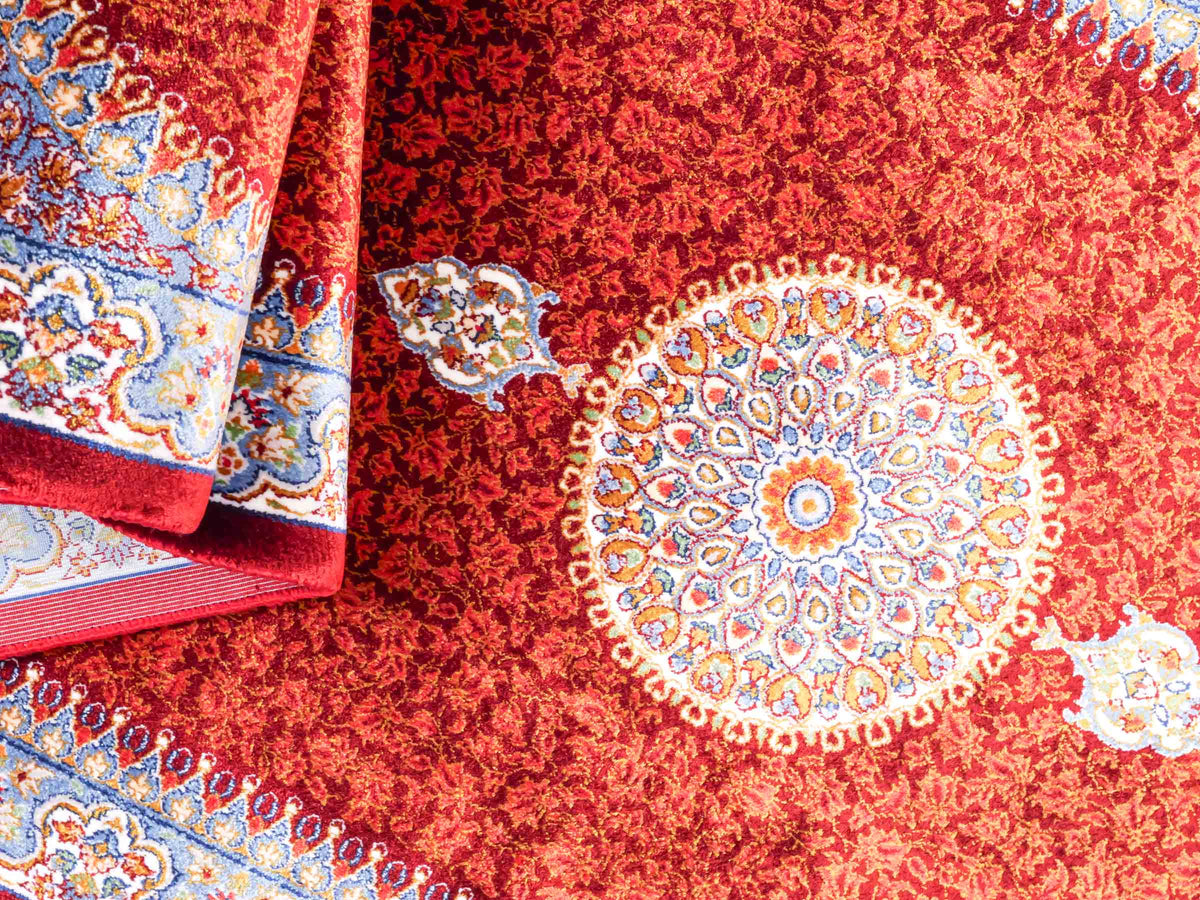 Ghom Läufer-Maschinenteppich "Fereydun" 150 x 50 cm aus pflanzlicher Seide (Viskose) mit Medaillon, Rot-Orange. Teppichnummer: V28RD075H. Persian Luxury Collection by Khademi. Made in Iran / Persia – Vertrieb durch JUPITER Intl.