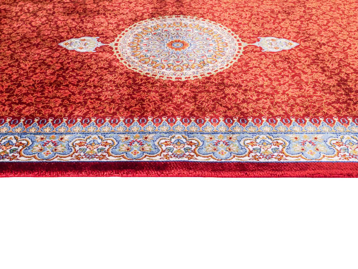 Ghom Läufer-Maschinenteppich "Fereydun" 150 x 50 cm aus pflanzlicher Seide (Viskose) mit Medaillon, Rot-Orange. Teppichnummer: V28RD075H. Persian Luxury Collection by Khademi. Made in Iran / Persia – Vertrieb durch JUPITER Intl.