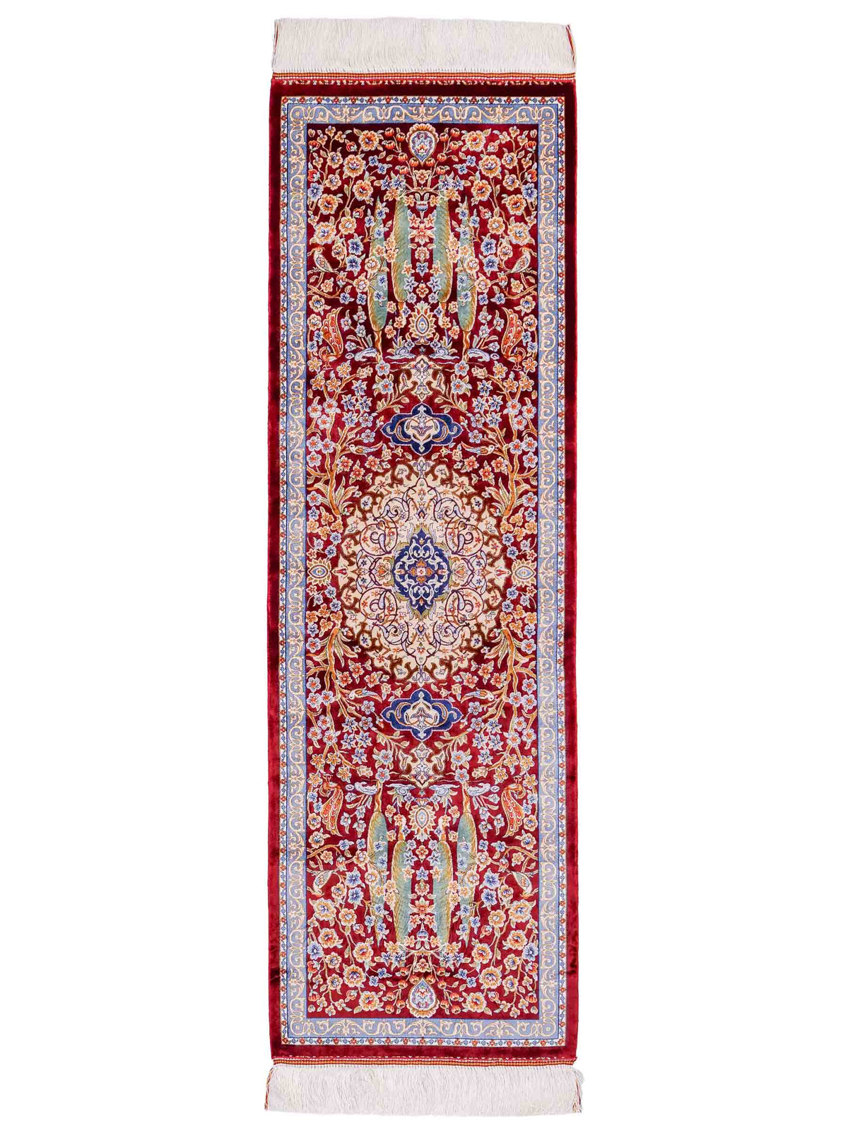 Ghom Läufer-Maschinenteppich "Roxana" 150 x 50 cm aus pflanzlicher Seide (Viskose) mit Medaillon, Rot. Teppichnummer: V74RD075H. Persian Luxury Collection by Khademi. Made in Iran / Persia – Vertrieb durch JUPITER Intl.