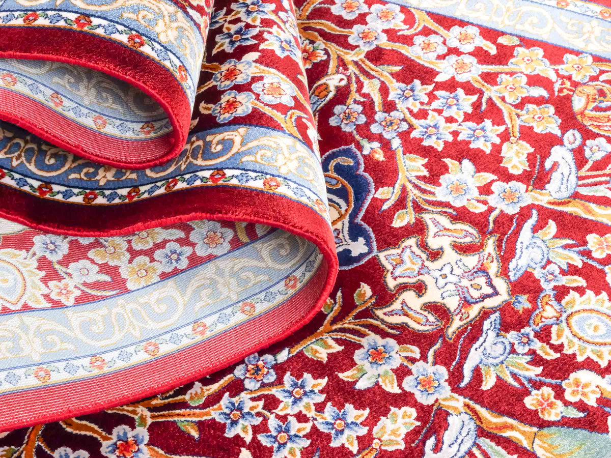 Ghom Läufer-Maschinenteppich "Roxana" 150 x 50 cm aus pflanzlicher Seide (Viskose) mit Medaillon, Rot. Teppichnummer: V74RD075H. Persian Luxury Collection by Khademi. Made in Iran / Persia – Vertrieb durch JUPITER Intl.