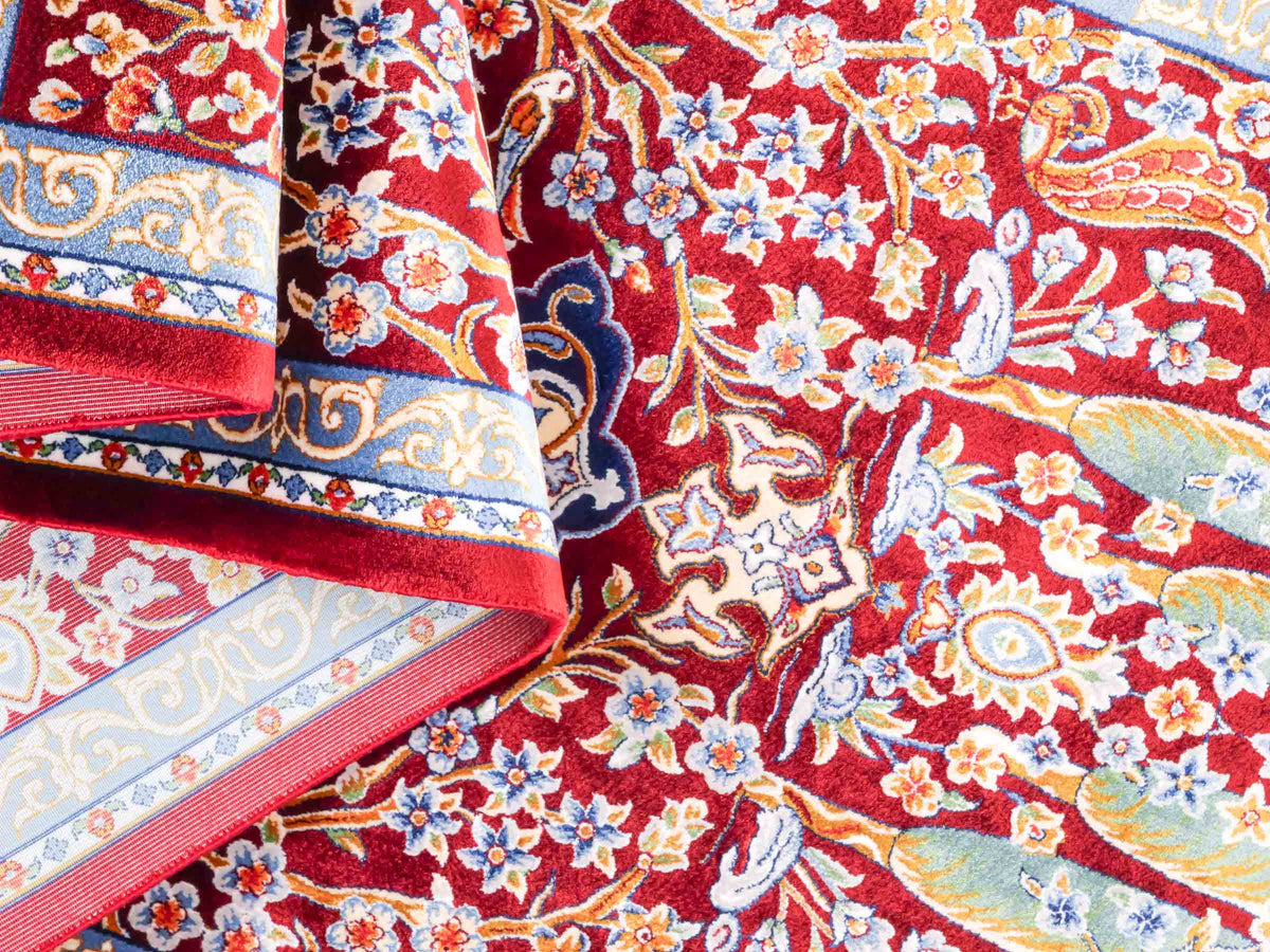 Ghom Läufer-Maschinenteppich "Roxana" 150 x 50 cm aus pflanzlicher Seide (Viskose) mit Medaillon, Rot. Teppichnummer: V74RD075H. Persian Luxury Collection by Khademi. Made in Iran / Persia – Vertrieb durch JUPITER Intl.
