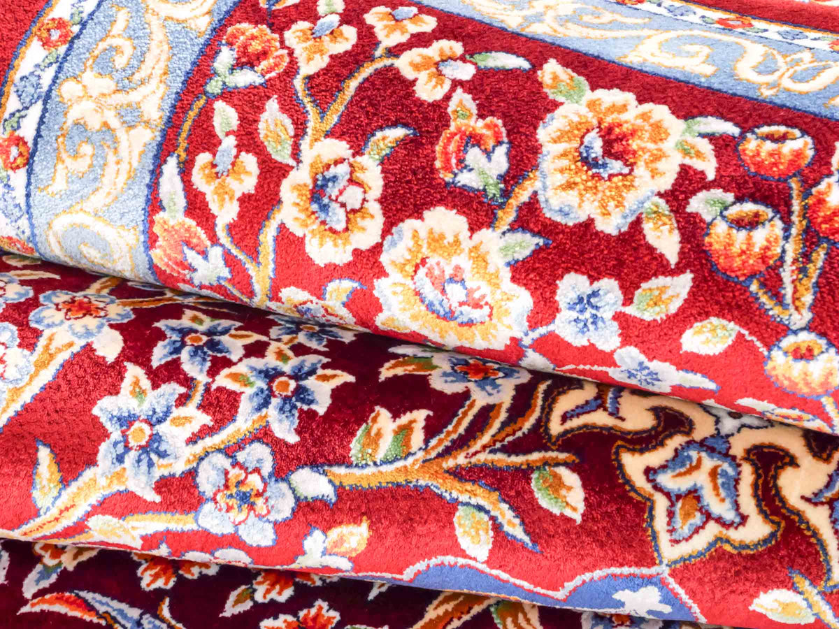 Ghom Läufer-Maschinenteppich "Roxana" 150 x 50 cm aus pflanzlicher Seide (Viskose) mit Medaillon, Rot. Teppichnummer: V74RD075H. Persian Luxury Collection by Khademi. Made in Iran / Persia – Vertrieb durch JUPITER Intl.