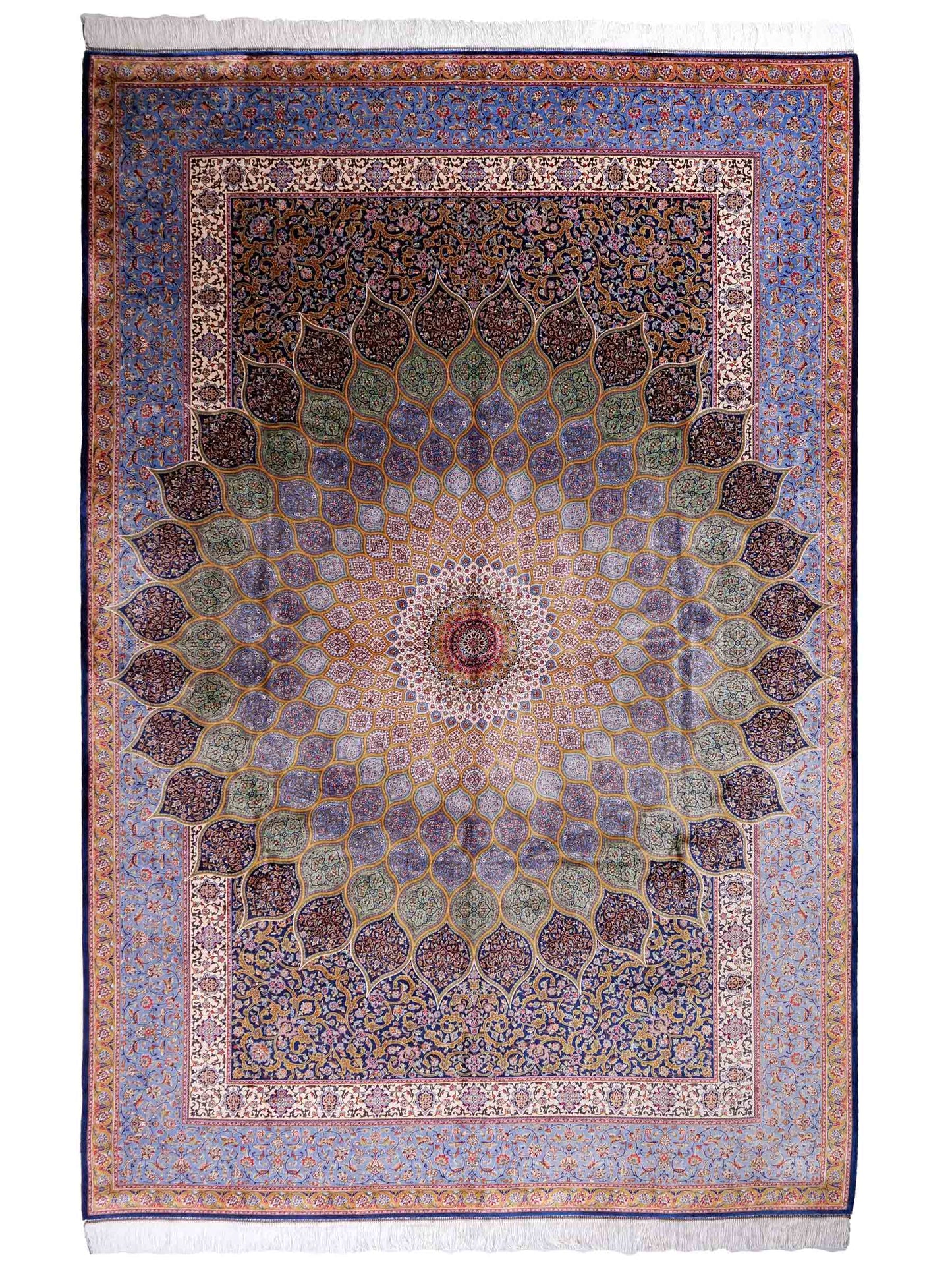 Ghom Maschinenteppich "Aban" 300 x 200 cm aus pflanzlicher Seide (Viskose) mit Gumbad-Medaillon, Marineblau. Teppichnummer: V1NY600H. Persian Luxury Collection by Khademi. Made in Iran / Persia – Vertrieb durch JUPITER Intl.