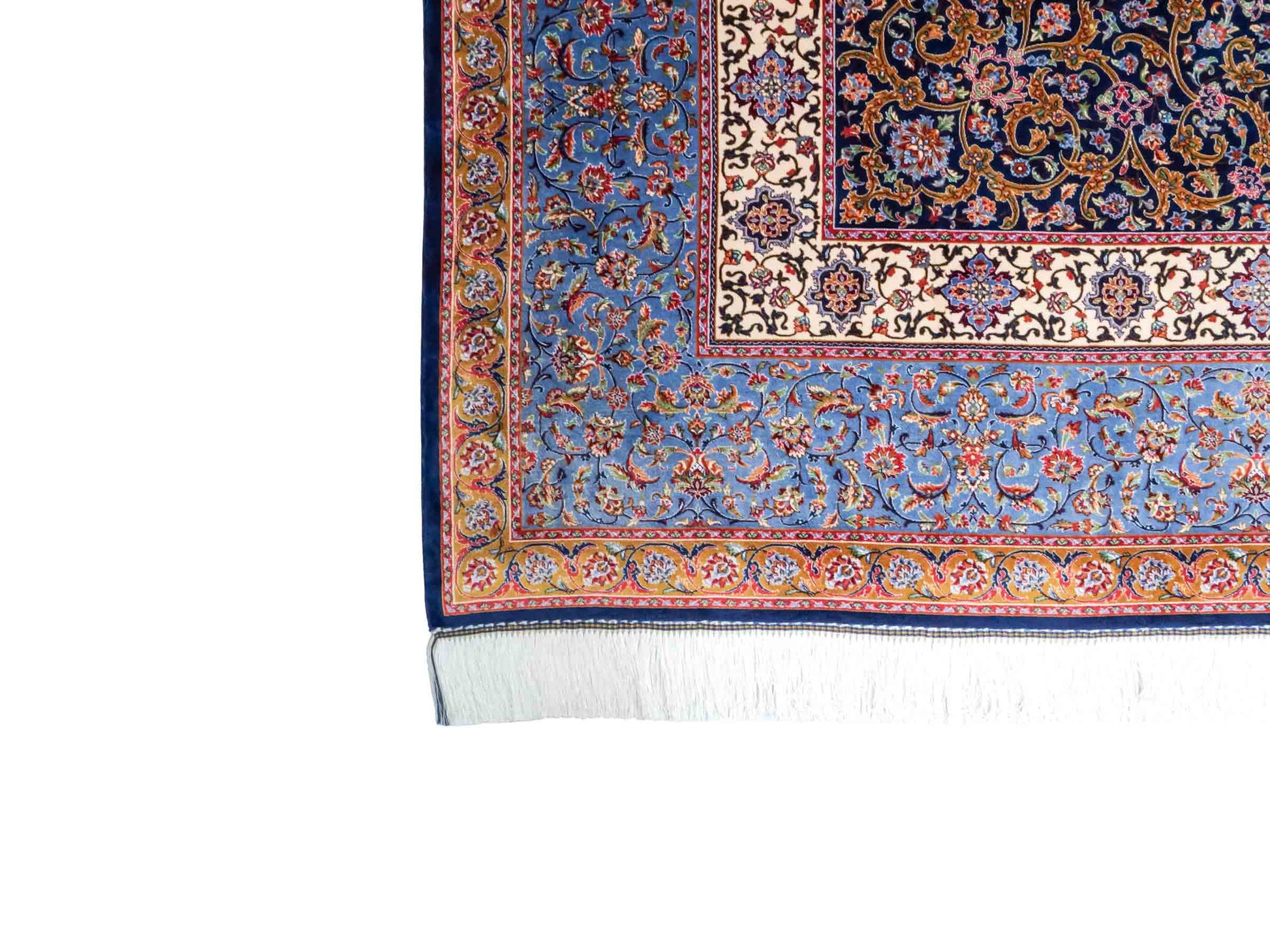 Ghom Maschinenteppich "Aban" 300 x 200 cm aus pflanzlicher Seide (Viskose) mit Gumbad-Medaillon, Marineblau. Teppichnummer: V1NY600H. Persian Luxury Collection by Khademi. Made in Iran / Persia – Vertrieb durch JUPITER Intl