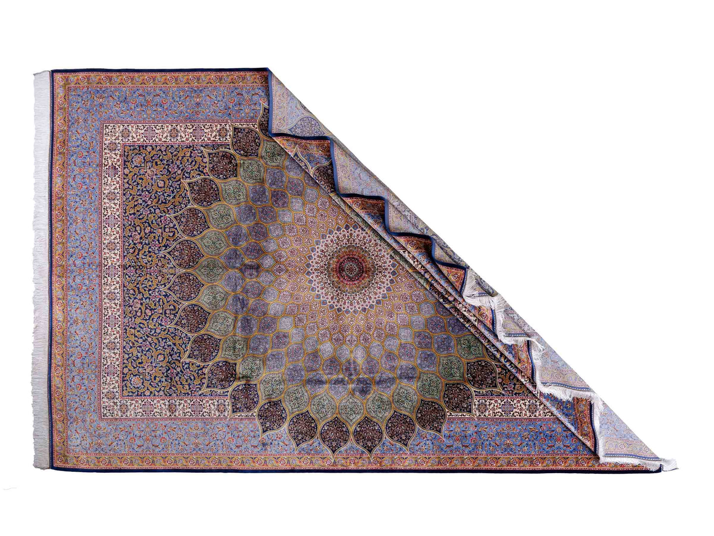 Ghom Maschinenteppich "Aban" 300 x 200 cm aus pflanzlicher Seide (Viskose) mit Gumbad-Medaillon, Marineblau. Teppichnummer: V1NY600H. Persian Luxury Collection by Khademi. Made in Iran / Persia – Vertrieb durch JUPITER Intl