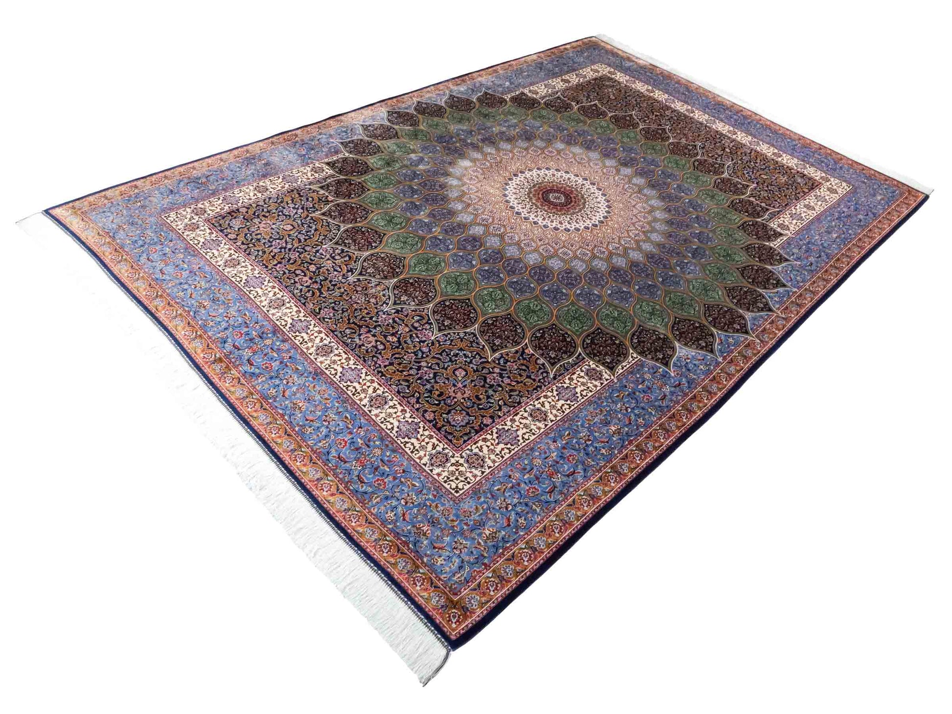 Ghom Maschinenteppich "Aban" 300 x 200 cm aus pflanzlicher Seide (Viskose) mit Gumbad-Medaillon, Marineblau. Teppichnummer: V1NY600H. Persian Luxury Collection by Khademi. Made in Iran / Persia – Vertrieb durch JUPITER Intl