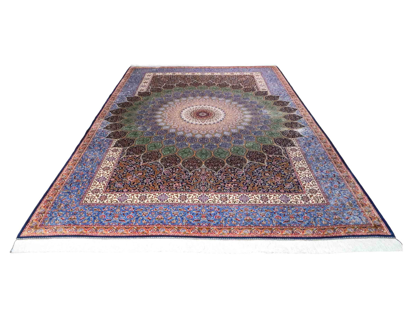 Ghom Maschinenteppich "Aban" 300 x 200 cm aus pflanzlicher Seide (Viskose) mit Gumbad-Medaillon, Marineblau. Teppichnummer: V1NY600H. Persian Luxury Collection by Khademi. Made in Iran / Persia – Vertrieb durch JUPITER Intl