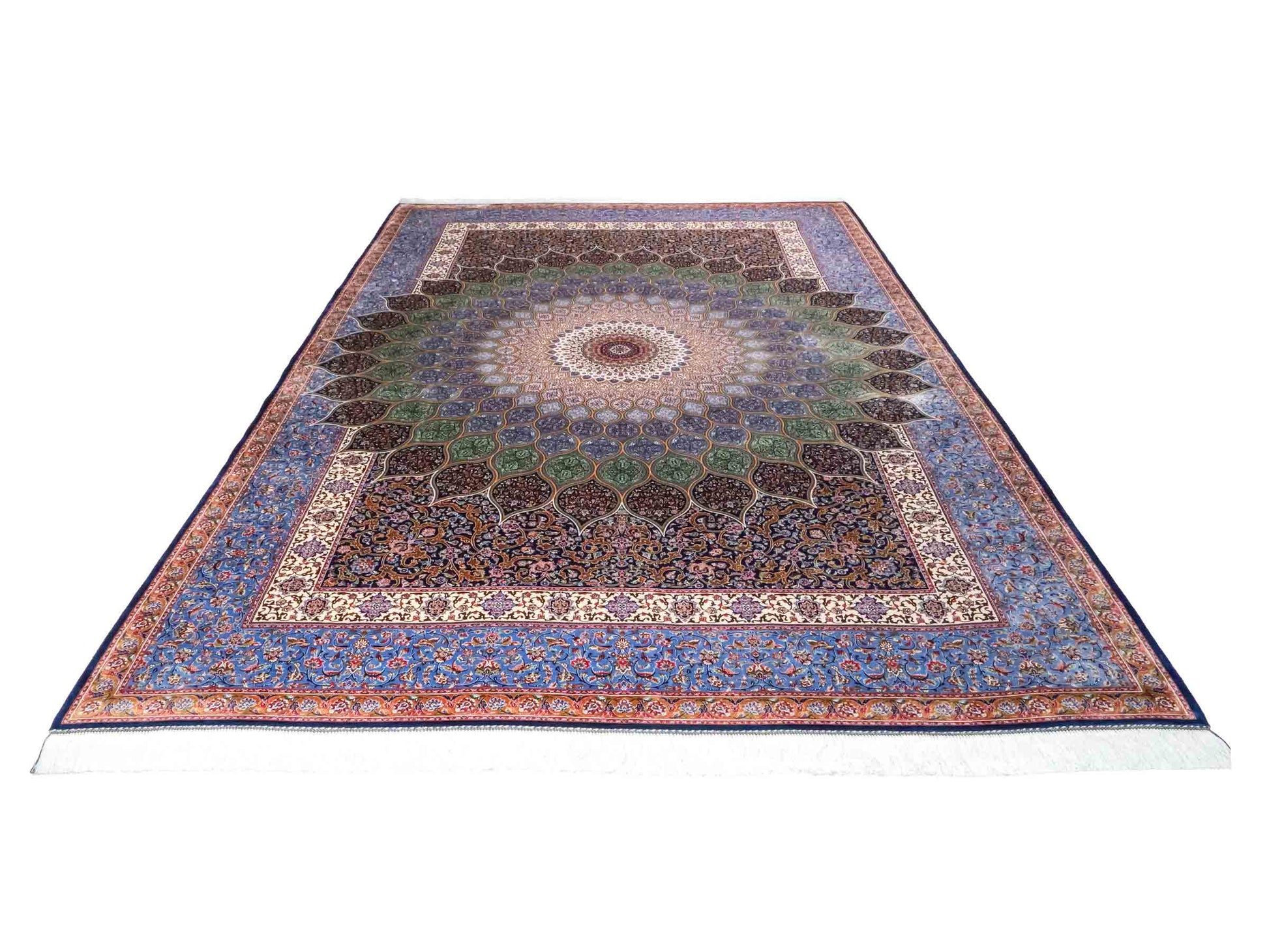 Ghom Maschinenteppich "Aban" 300 x 200 cm aus pflanzlicher Seide (Viskose) mit Gumbad-Medaillon, Marineblau. Teppichnummer: V1NY600H. Persian Luxury Collection by Khademi. Made in Iran / Persia – Vertrieb durch JUPITER Intl