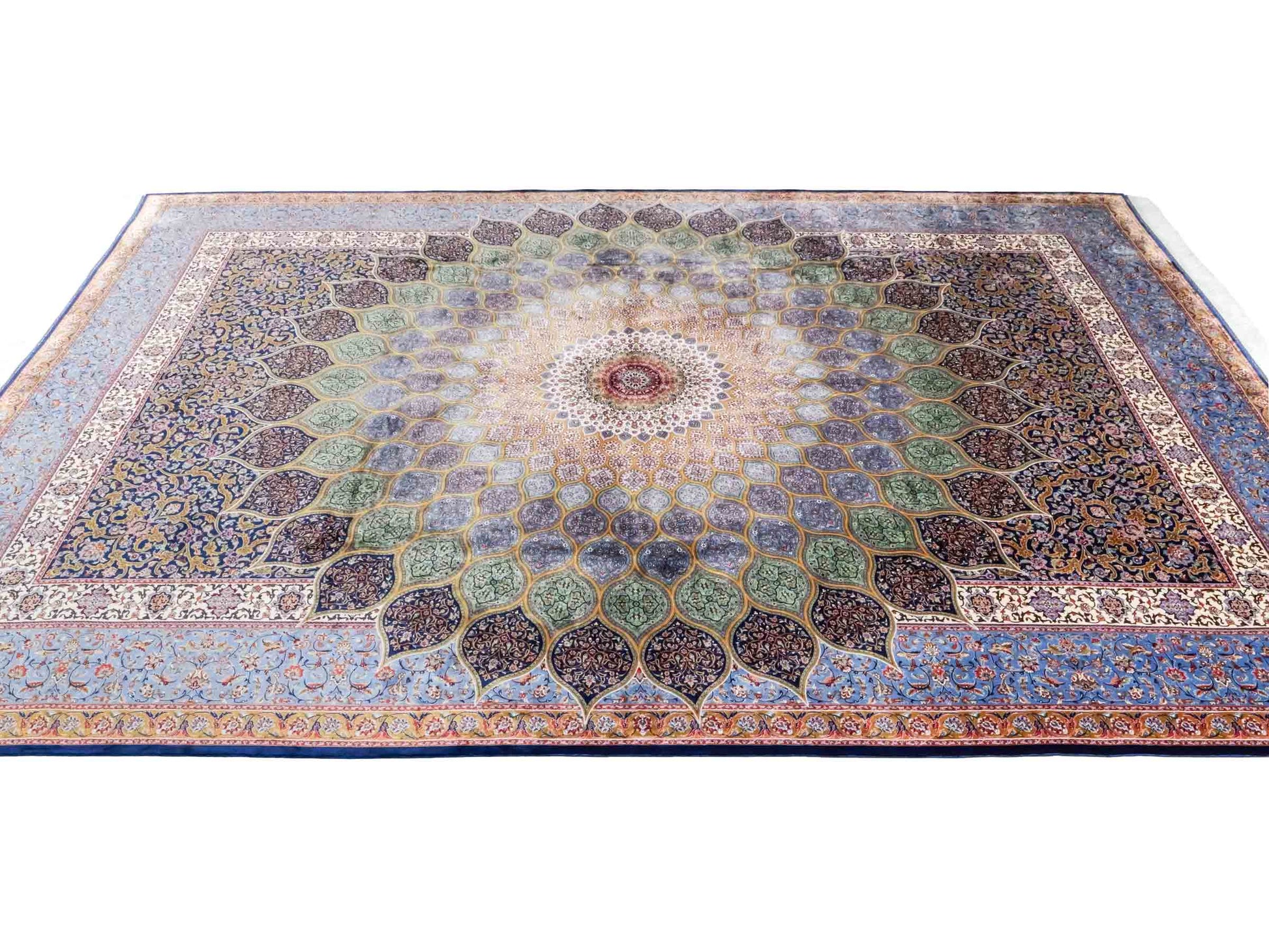 Ghom Maschinenteppich "Aban" 300 x 200 cm aus pflanzlicher Seide (Viskose) mit Gumbad-Medaillon, Marineblau. Teppichnummer: V1NY600H. Persian Luxury Collection by Khademi. Made in Iran / Persia – Vertrieb durch JUPITER Intl