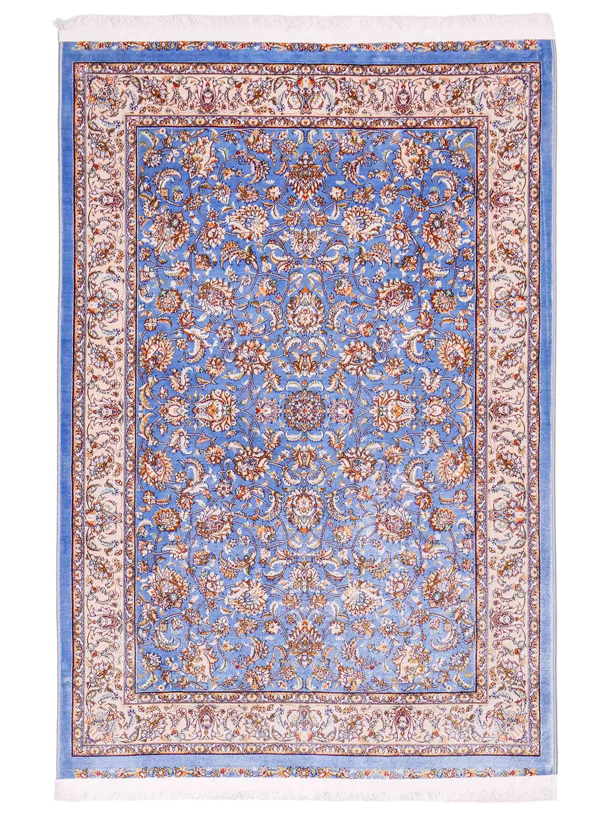 Ghom Maschinenteppich "Afridun" 120 x 80 cm, durchgemustert, aus pflanzlicher Seide (Viskose), Hellblau-Cremeweiß. Teppichnummer: V2BL096M. Persian Luxury Collection by Khademi. Made in Iran / Persia – Vertrieb durch JUPITER Intl.