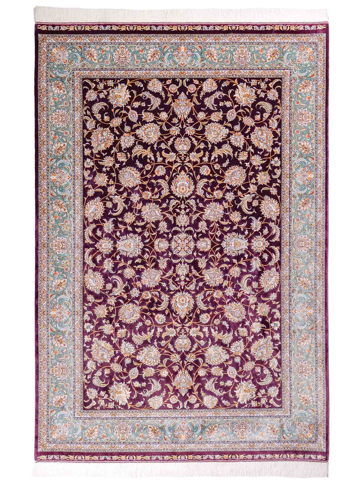 Ghom Maschinenteppich "Afridun" 225 x 150 cm, durchgemustert, aus pflanzlicher Seide (Viskose), Violett-Blau. Teppichnummer: V2AE338H. Persian Luxury Collection by Khademi. Made in Iran / Persia – Vertrieb durch JUPITER Intl.