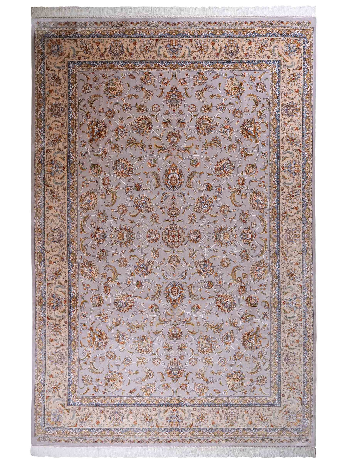 Ghom Maschinenteppich "Afridun" 300 x 200 cm aus pflanzlicher Seide (Viskose) mit Allover-Design, Silber-Grau. Teppichnummer: V2SV600H. Persian Luxury Collection by Khademi. Made in Iran / Persia – Vertrieb durch JUPITER Intl.