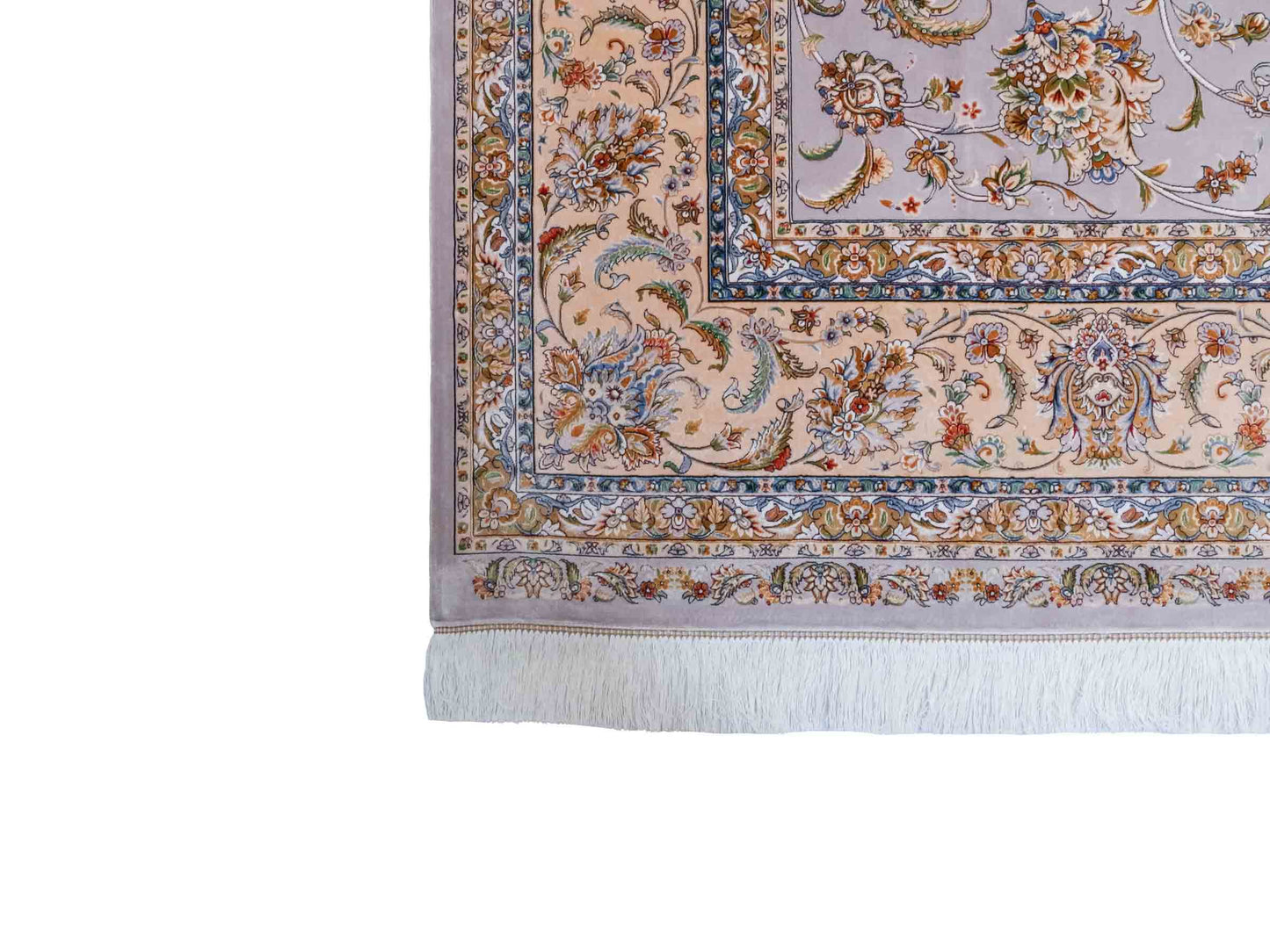 Ghom Maschinenteppich "Afridun" 300 x 200 cm aus pflanzlicher Seide (Viskose) mit Allover-Design, Silber-Grau. Teppichnummer: V2SV600H. Persian Luxury Collection by Khademi. Made in Iran / Persia – Vertrieb durch JUPITER Intl.