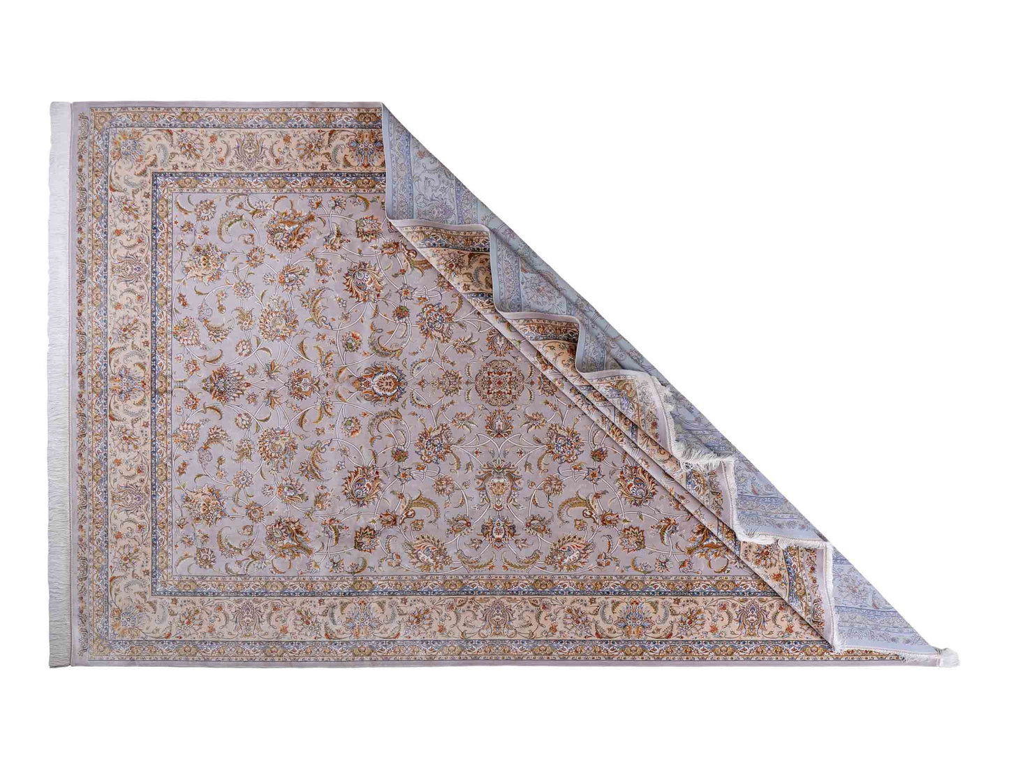 Ghom Maschinenteppich "Afridun" 300 x 200 cm aus pflanzlicher Seide (Viskose) mit Allover-Design, Silber-Grau. Teppichnummer: V2SV600H. Persian Luxury Collection by Khademi. Made in Iran / Persia – Vertrieb durch JUPITER Intl.