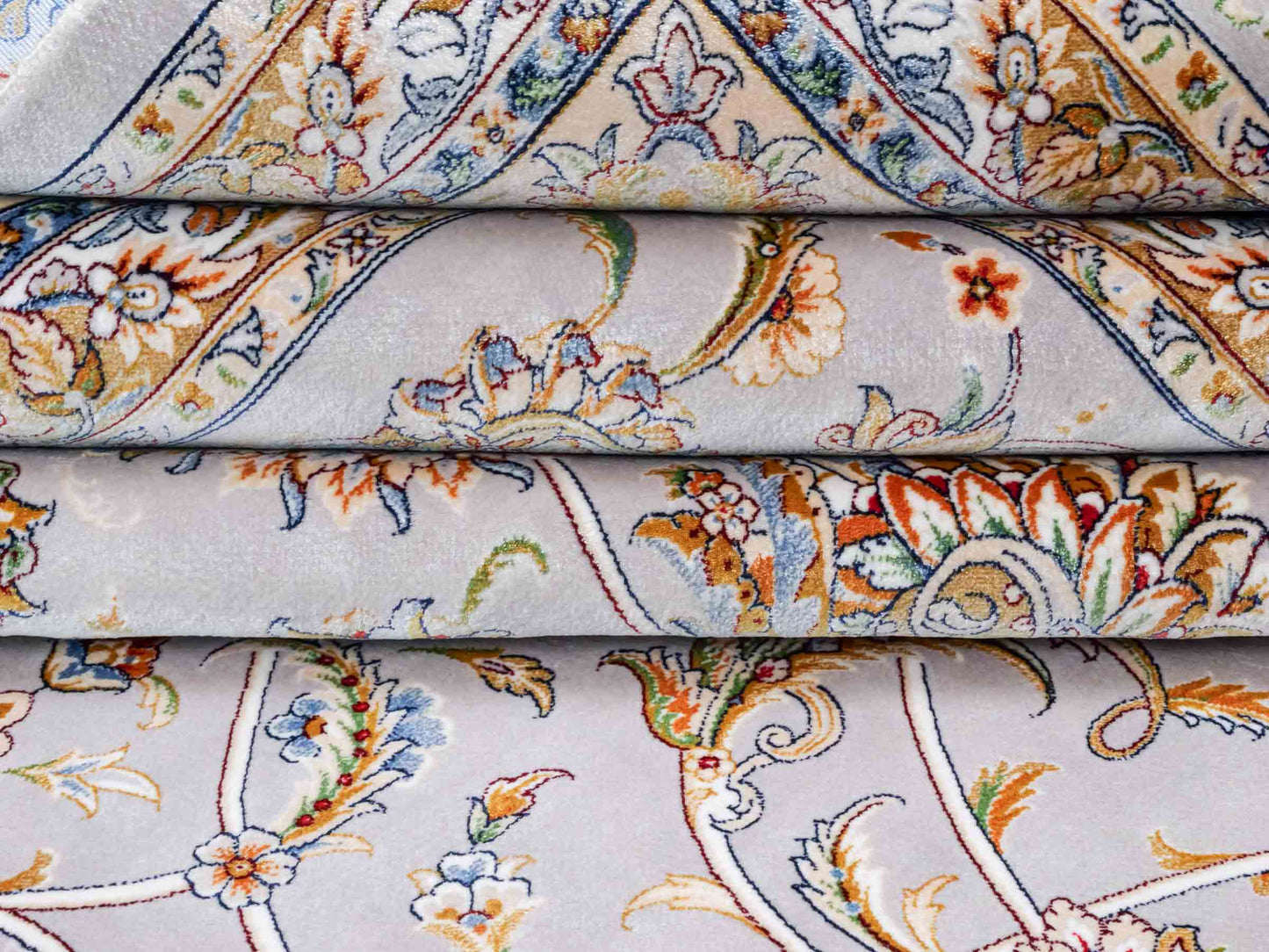 Ghom Maschinenteppich "Afridun" 300 x 200 cm aus pflanzlicher Seide (Viskose) mit Allover-Design, Silber-Grau. Teppichnummer: V2SV600H. Persian Luxury Collection by Khademi. Made in Iran / Persia – Vertrieb durch JUPITER Intl.