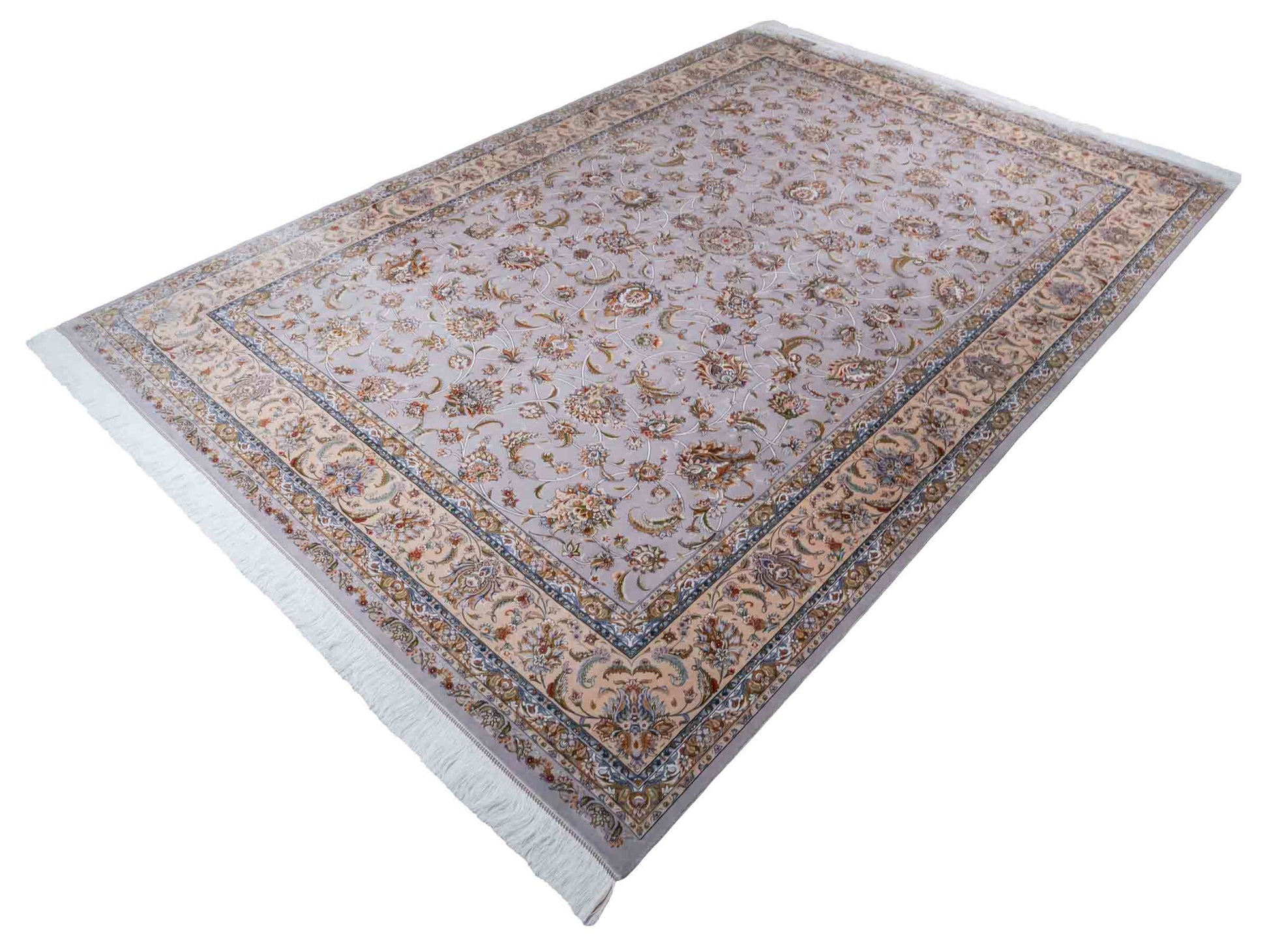 Ghom Maschinenteppich "Afridun" 300 x 200 cm aus pflanzlicher Seide (Viskose) mit Allover-Design, Silber-Grau. Teppichnummer: V2SV600H. Persian Luxury Collection by Khademi. Made in Iran / Persia – Vertrieb durch JUPITER Intl.