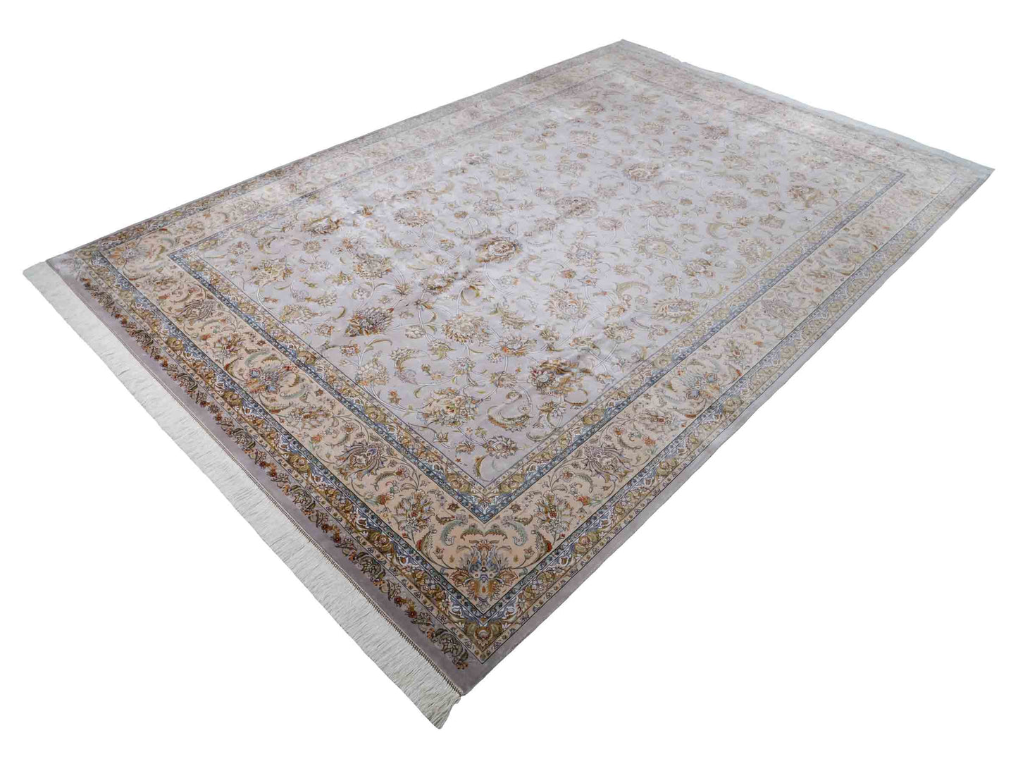 Ghom Maschinenteppich "Afridun" 300 x 200 cm aus pflanzlicher Seide (Viskose) mit Allover-Design, Silber-Grau. Teppichnummer: V2SV600H. Persian Luxury Collection by Khademi. Made in Iran / Persia – Vertrieb durch JUPITER Intl.