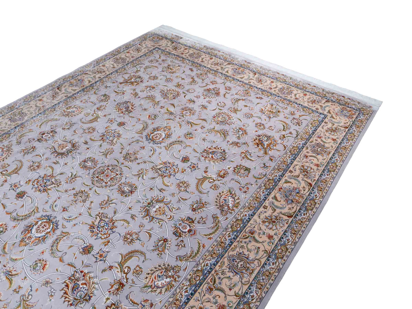 Ghom Maschinenteppich "Afridun" 300 x 200 cm aus pflanzlicher Seide (Viskose) mit Allover-Design, Silber-Grau. Teppichnummer: V2SV600H. Persian Luxury Collection by Khademi. Made in Iran / Persia – Vertrieb durch JUPITER Intl.