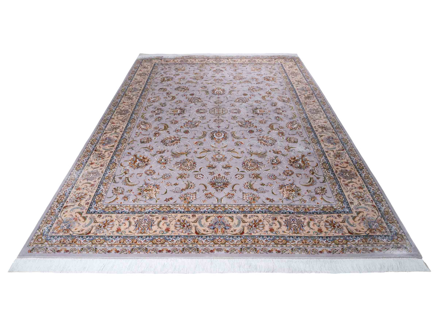 Ghom Maschinenteppich "Afridun" 300 x 200 cm aus pflanzlicher Seide (Viskose) mit Allover-Design, Silber-Grau. Teppichnummer: V2SV600H. Persian Luxury Collection by Khademi. Made in Iran / Persia – Vertrieb durch JUPITER Intl.