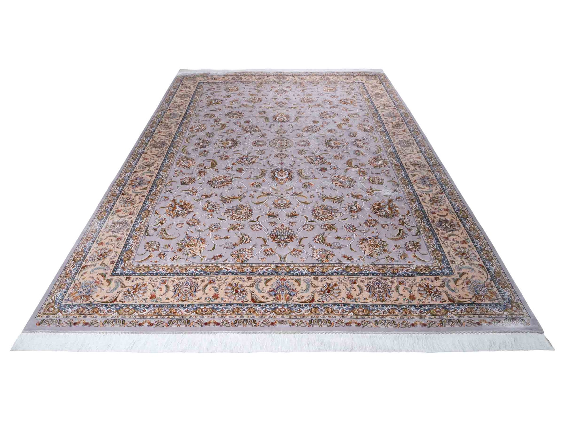 Ghom Maschinenteppich "Afridun" 300 x 200 cm aus pflanzlicher Seide (Viskose) mit Allover-Design, Silber-Grau. Teppichnummer: V2SV600H. Persian Luxury Collection by Khademi. Made in Iran / Persia – Vertrieb durch JUPITER Intl.