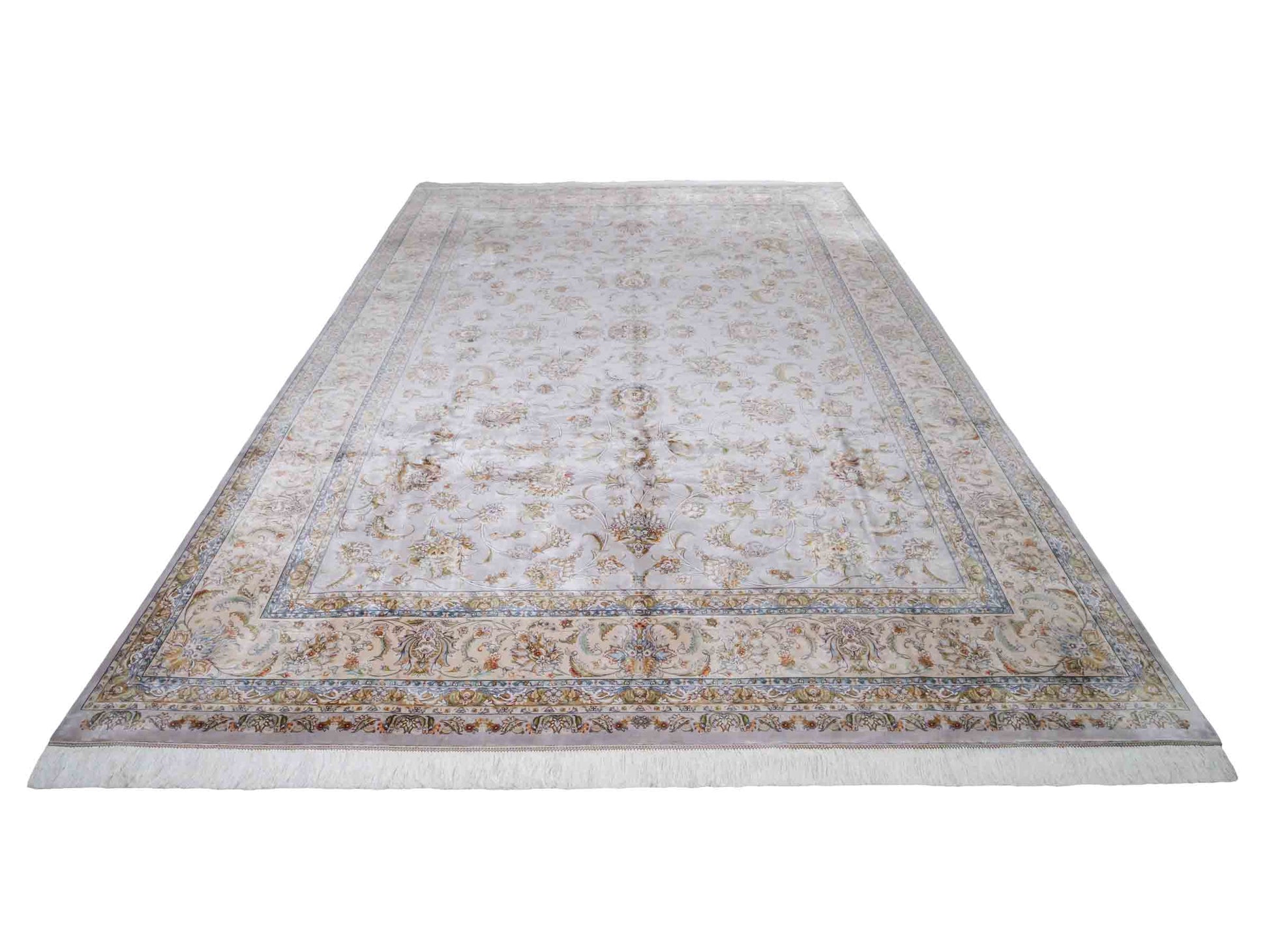 Ghom Maschinenteppich "Afridun" 300 x 200 cm aus pflanzlicher Seide (Viskose) mit Allover-Design, Silber-Grau. Teppichnummer: V2SV600H. Persian Luxury Collection by Khademi. Made in Iran / Persia – Vertrieb durch JUPITER Intl.