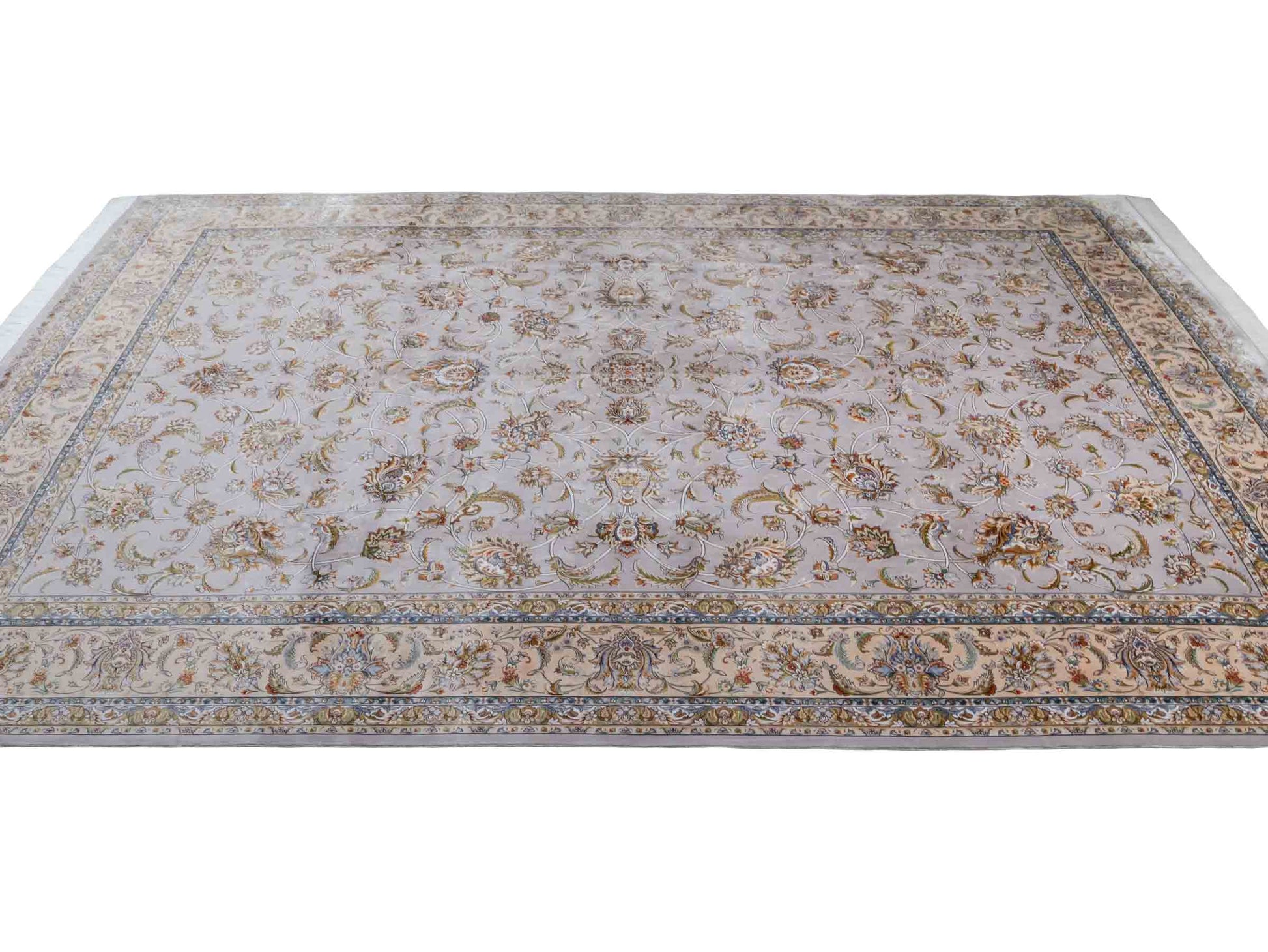Ghom Maschinenteppich "Afridun" 300 x 200 cm aus pflanzlicher Seide (Viskose) mit Allover-Design, Silber-Grau. Teppichnummer: V2SV600H. Persian Luxury Collection by Khademi. Made in Iran / Persia – Vertrieb durch JUPITER Intl.